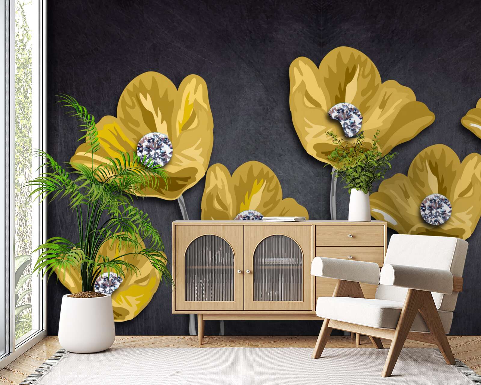 Фотошпалери Жовті тюльпани на сірому тлі