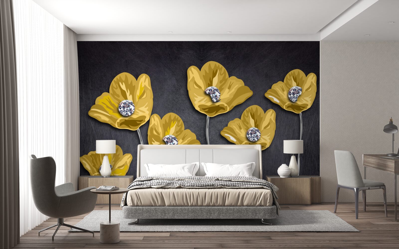 Фотошпалери Жовті тюльпани на сірому тлі