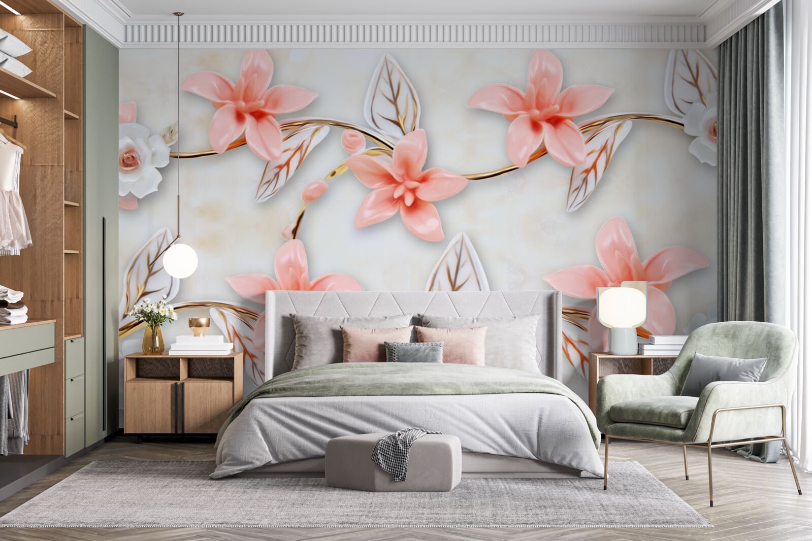 Фотошпалери рожеві магнолії на гілках