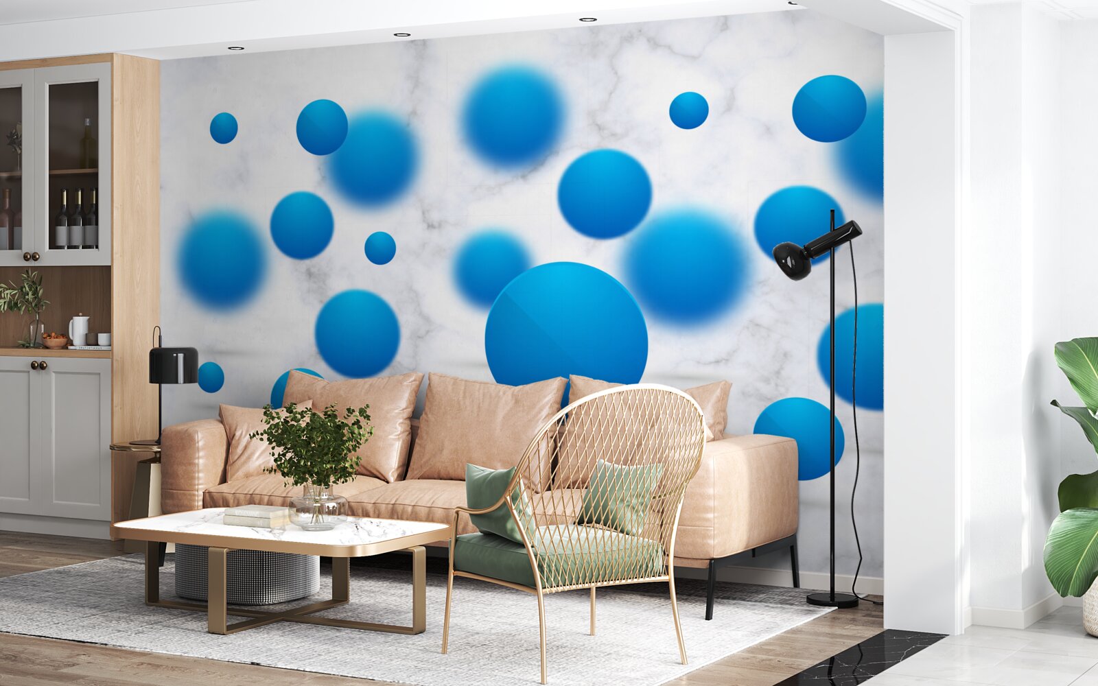 Фотошпалери сині кола, що плавають у повітрі