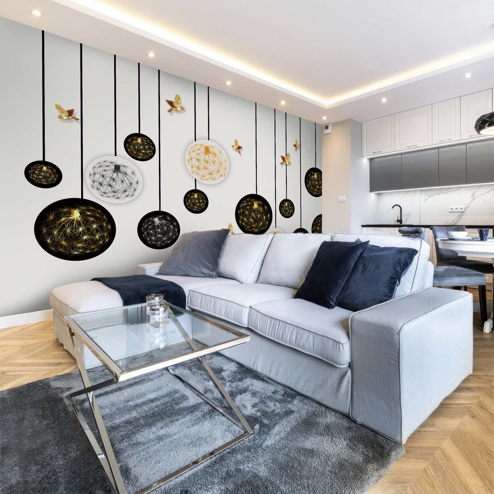 Фотошпалери чорні підвісні кулі на світлому тлі