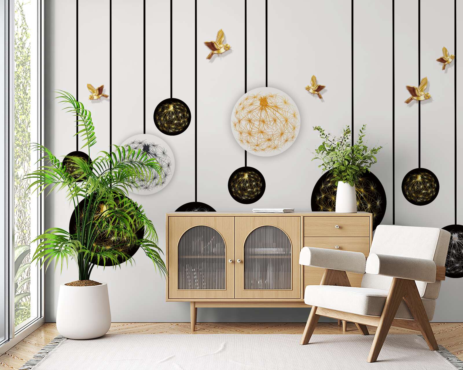 Фотошпалери чорні підвісні кулі на світлому тлі