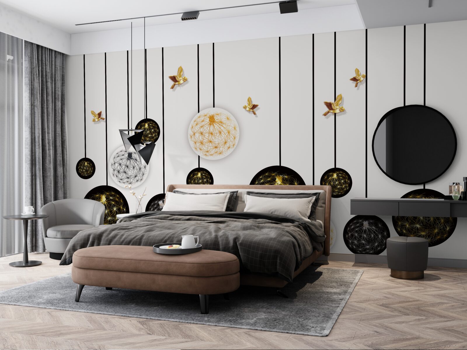 Фотошпалери чорні підвісні кулі на світлому тлі