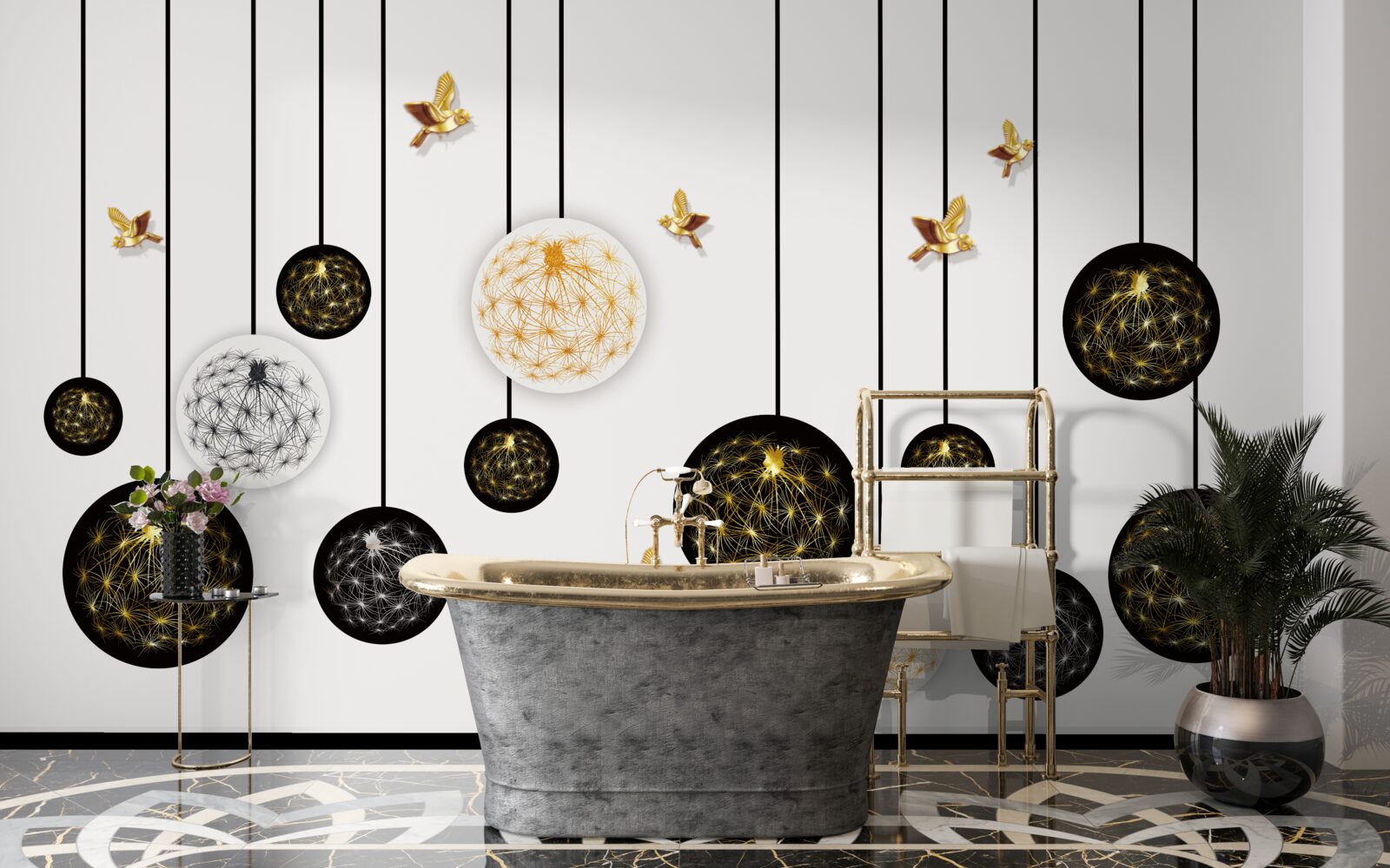 Фотошпалери чорні підвісні кулі на світлому тлі