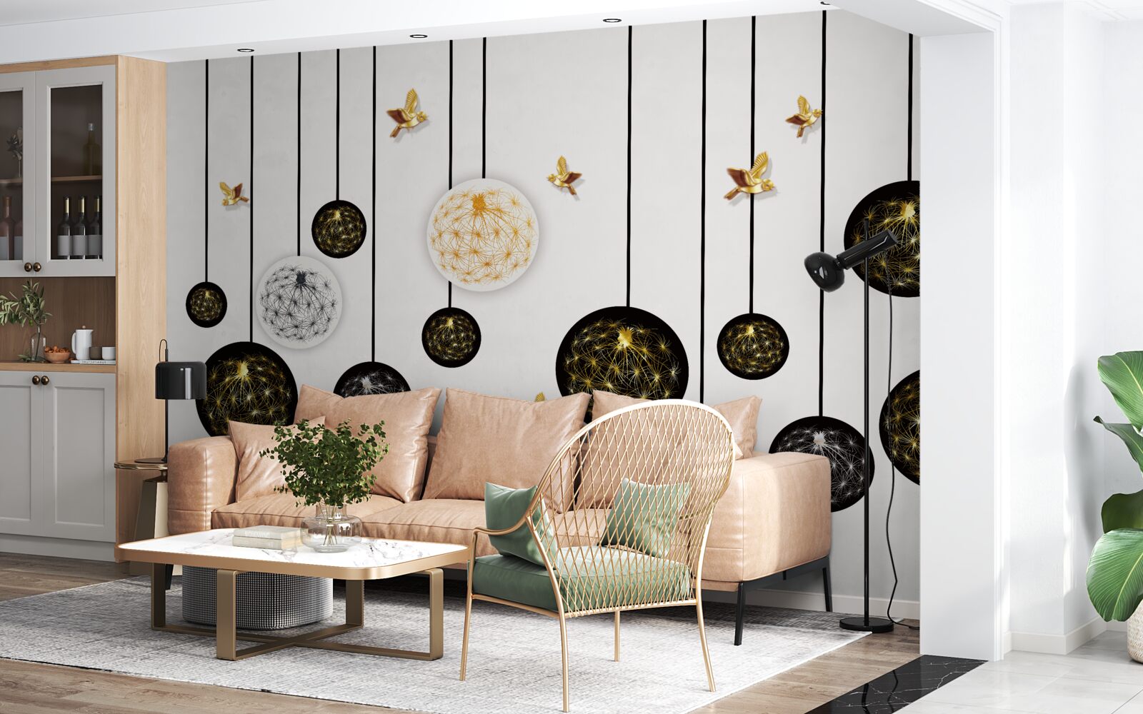 Фотошпалери чорні підвісні кулі на світлому тлі