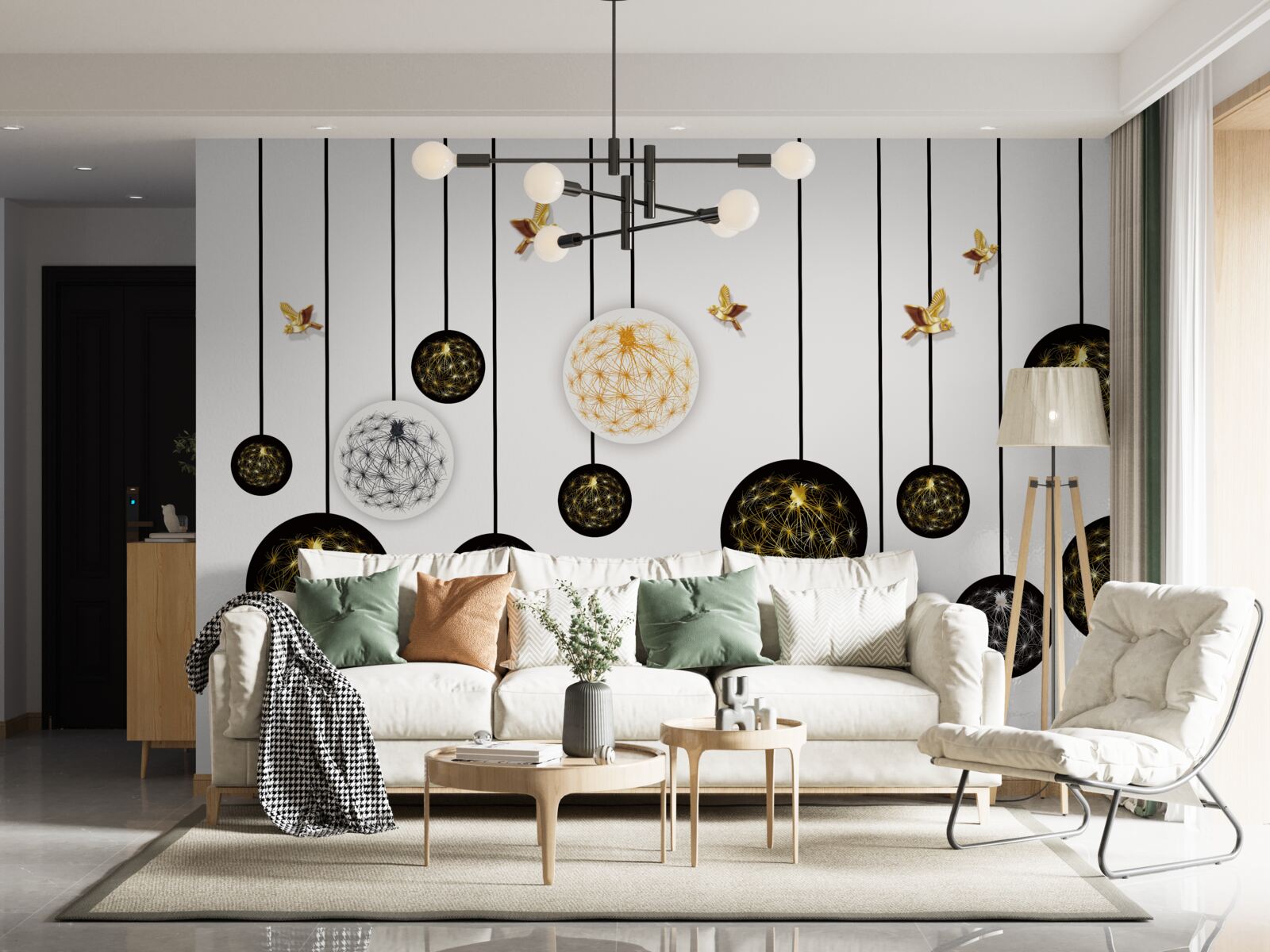 Фотошпалери чорні підвісні кулі на світлому тлі