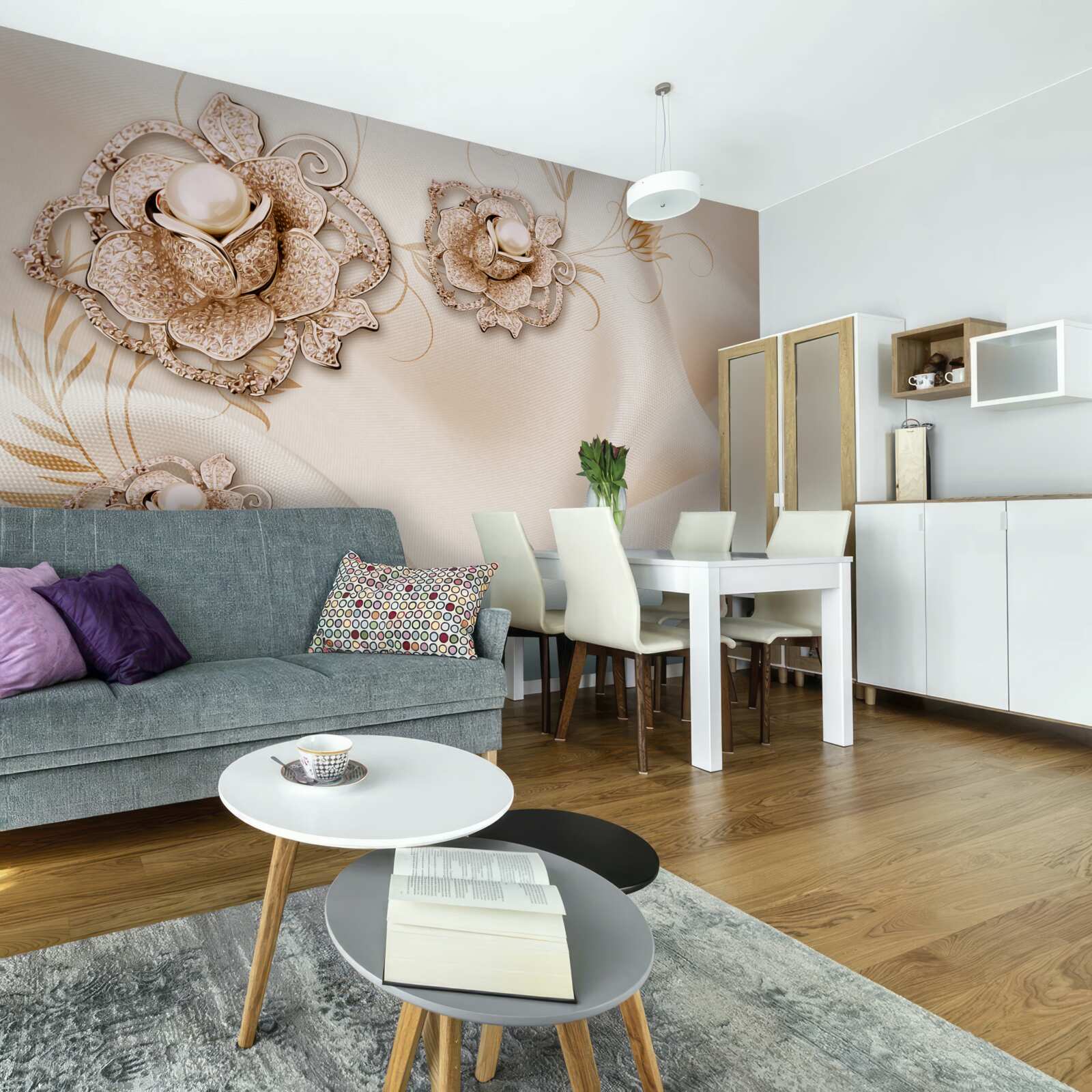 Фотошпалери поєднання ніжного персикового шовку та квітів