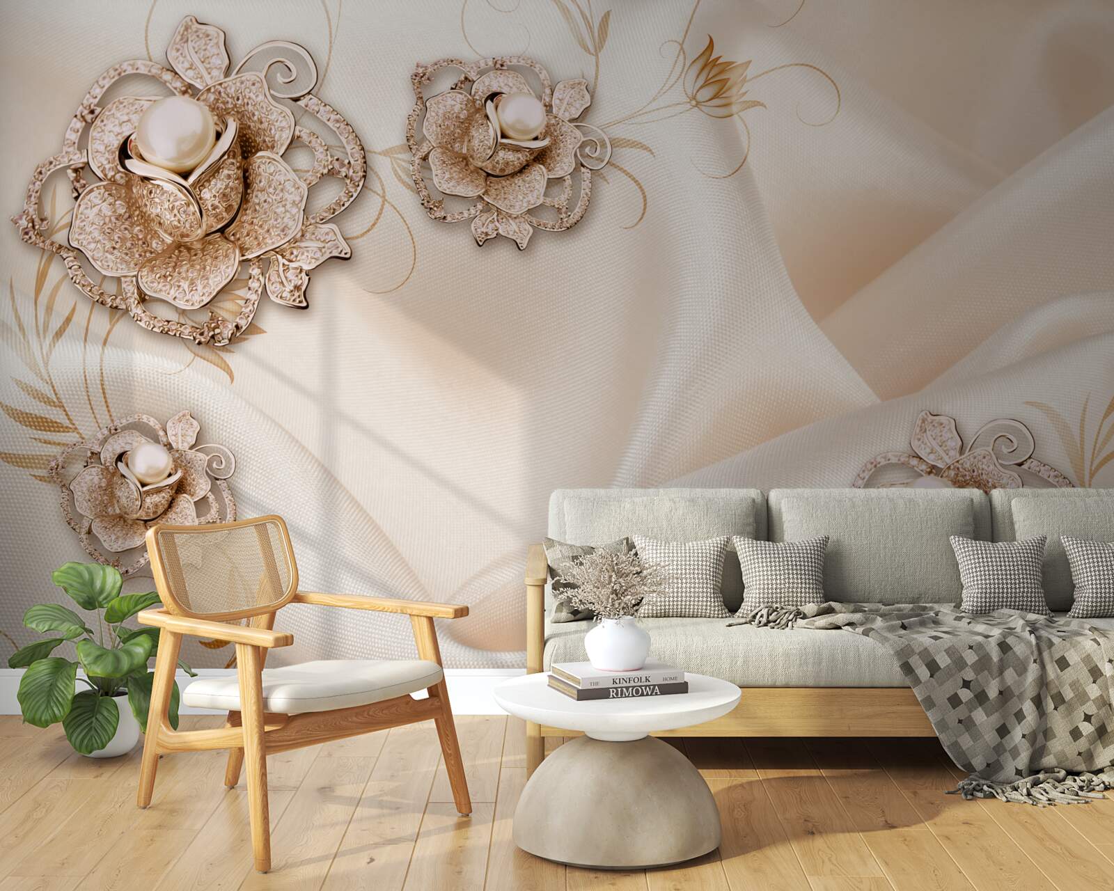 Фотошпалери поєднання ніжного персикового шовку та квітів