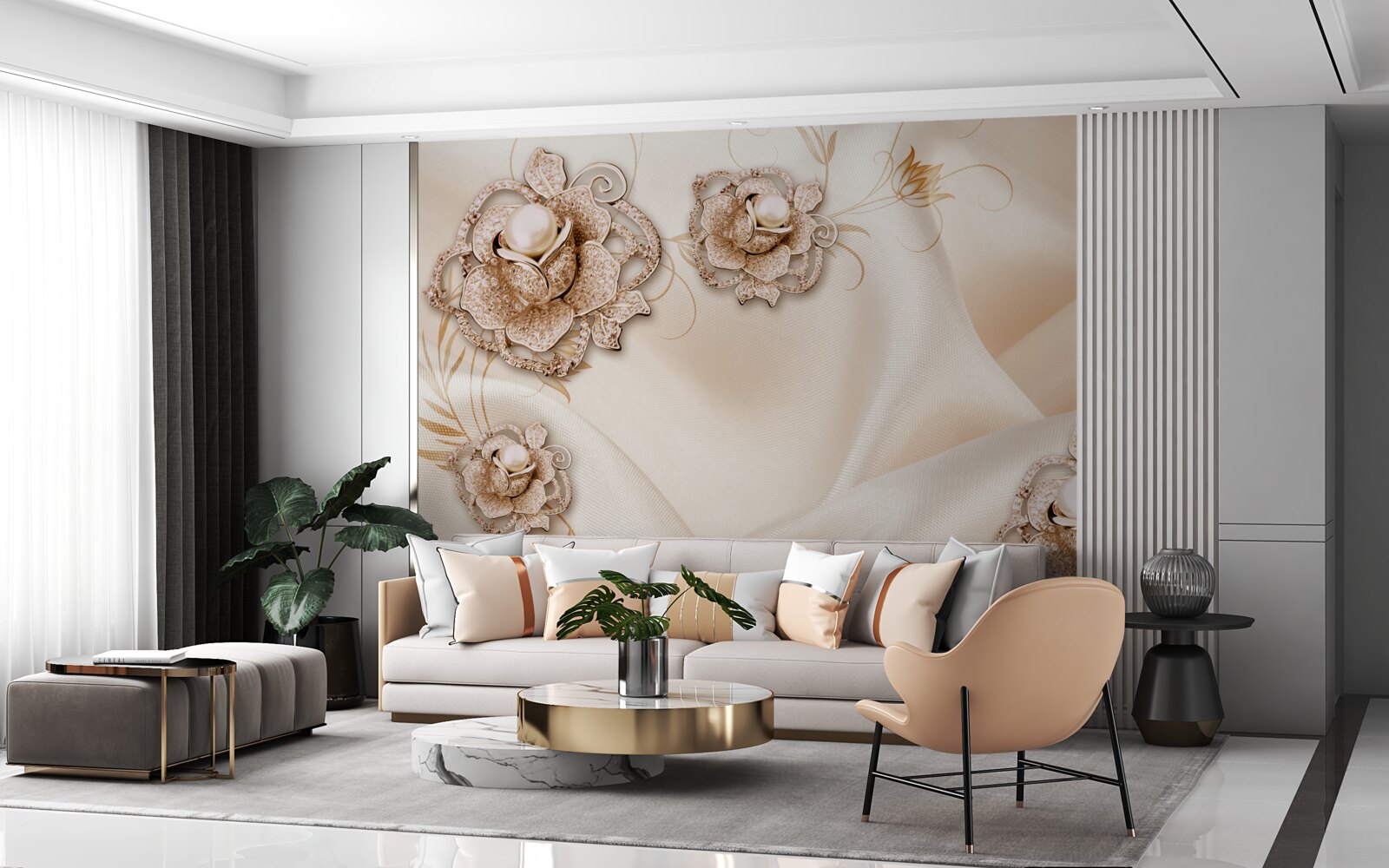 Фотошпалери поєднання ніжного персикового шовку та квітів