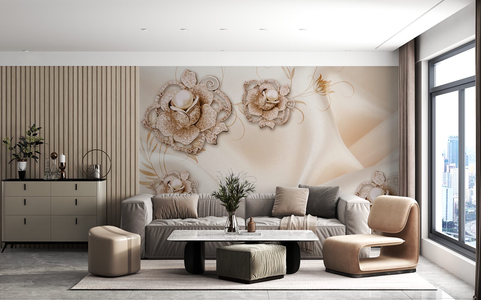 Фотошпалери поєднання ніжного персикового шовку та квітів