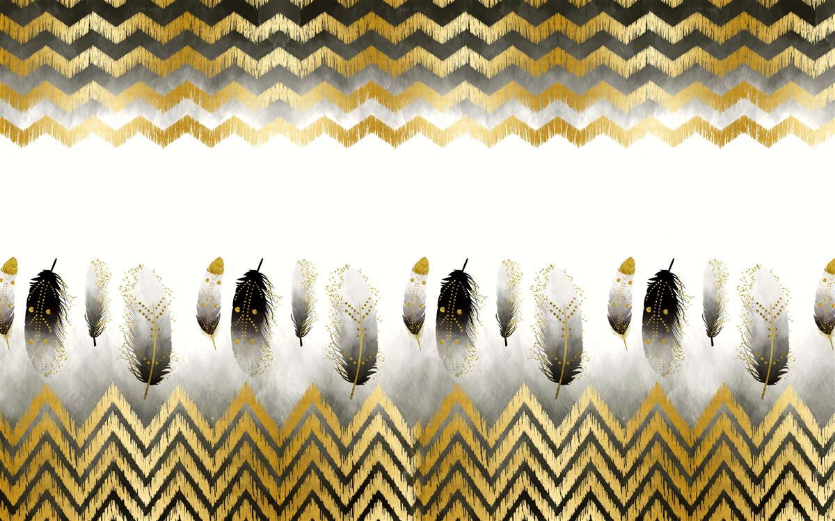 Фотошпалери пір'я в чорно-білих тонах і вигнуті лінії в золотих тонах