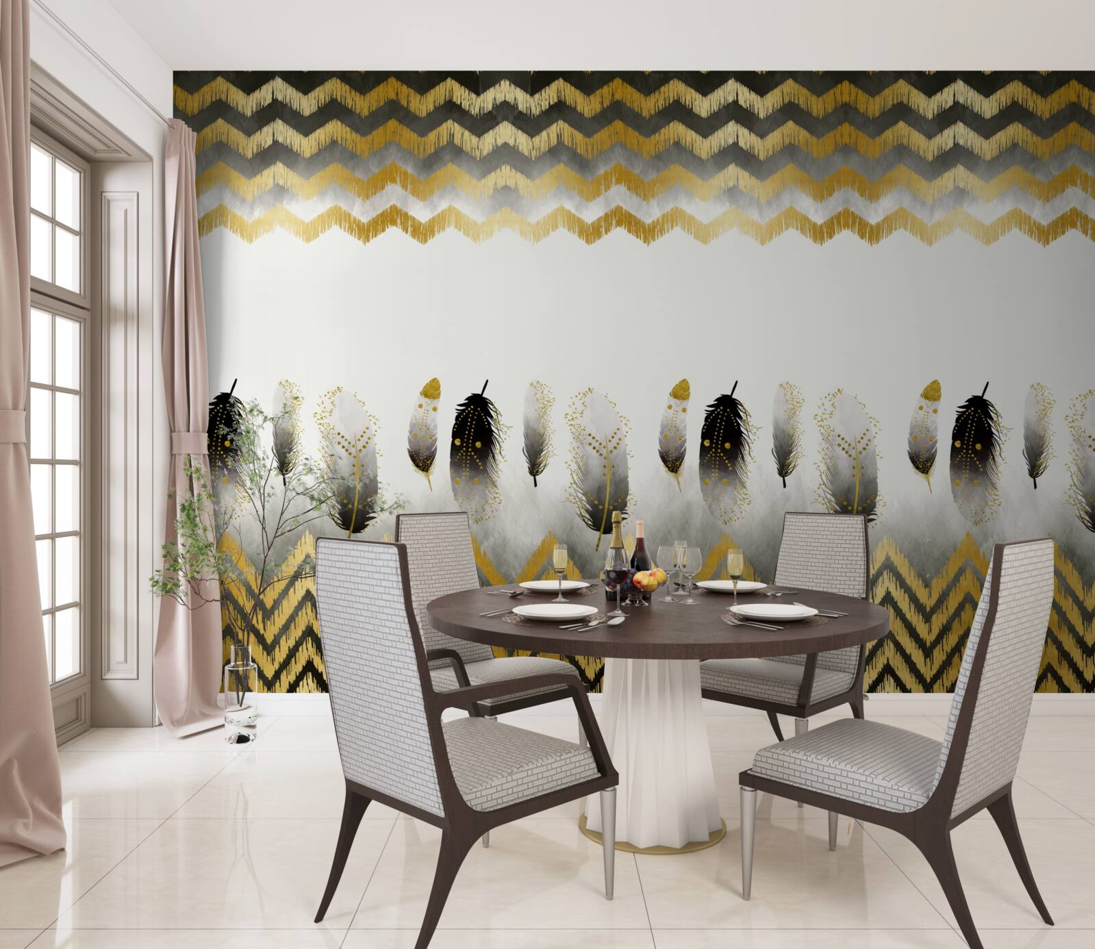 Фотошпалери пір'я в чорно-білих тонах і вигнуті лінії в золотих тонах