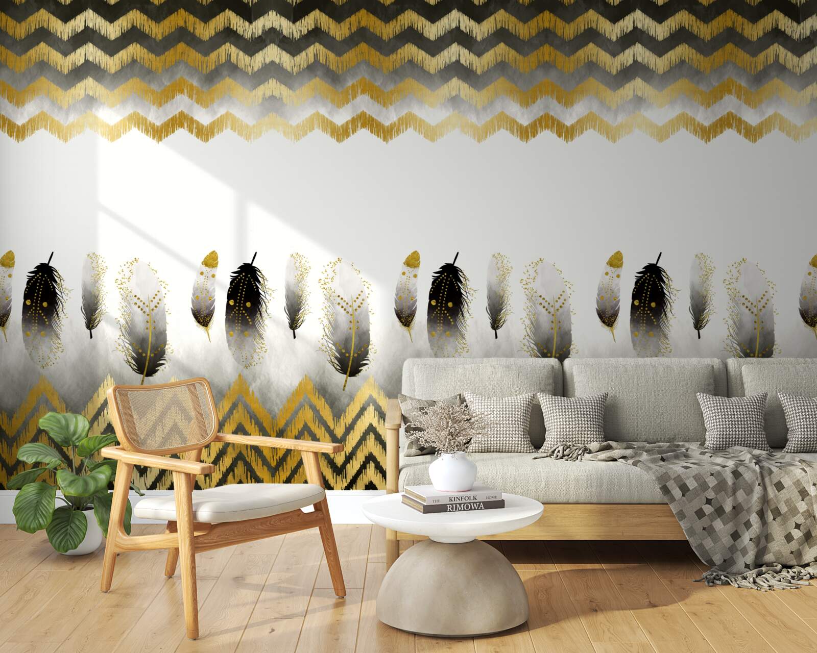 Фотошпалери пір'я в чорно-білих тонах і вигнуті лінії в золотих тонах