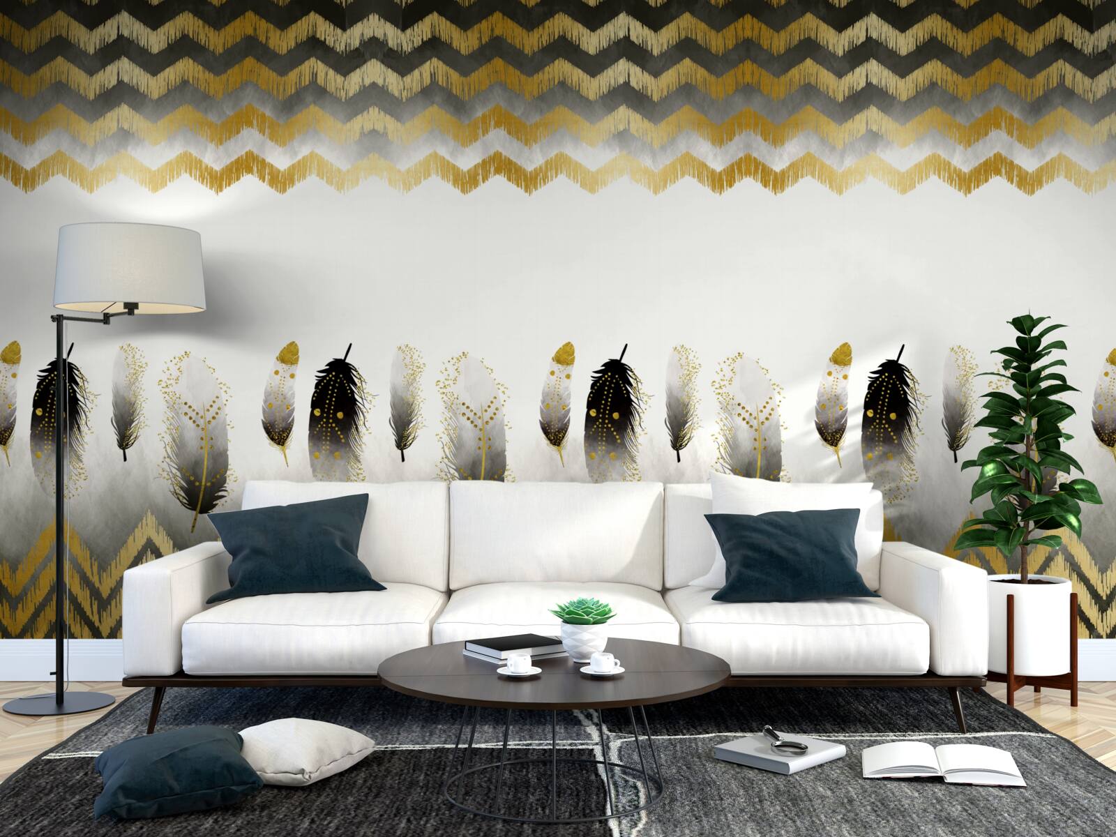 Фотошпалери пір'я в чорно-білих тонах і вигнуті лінії в золотих тонах