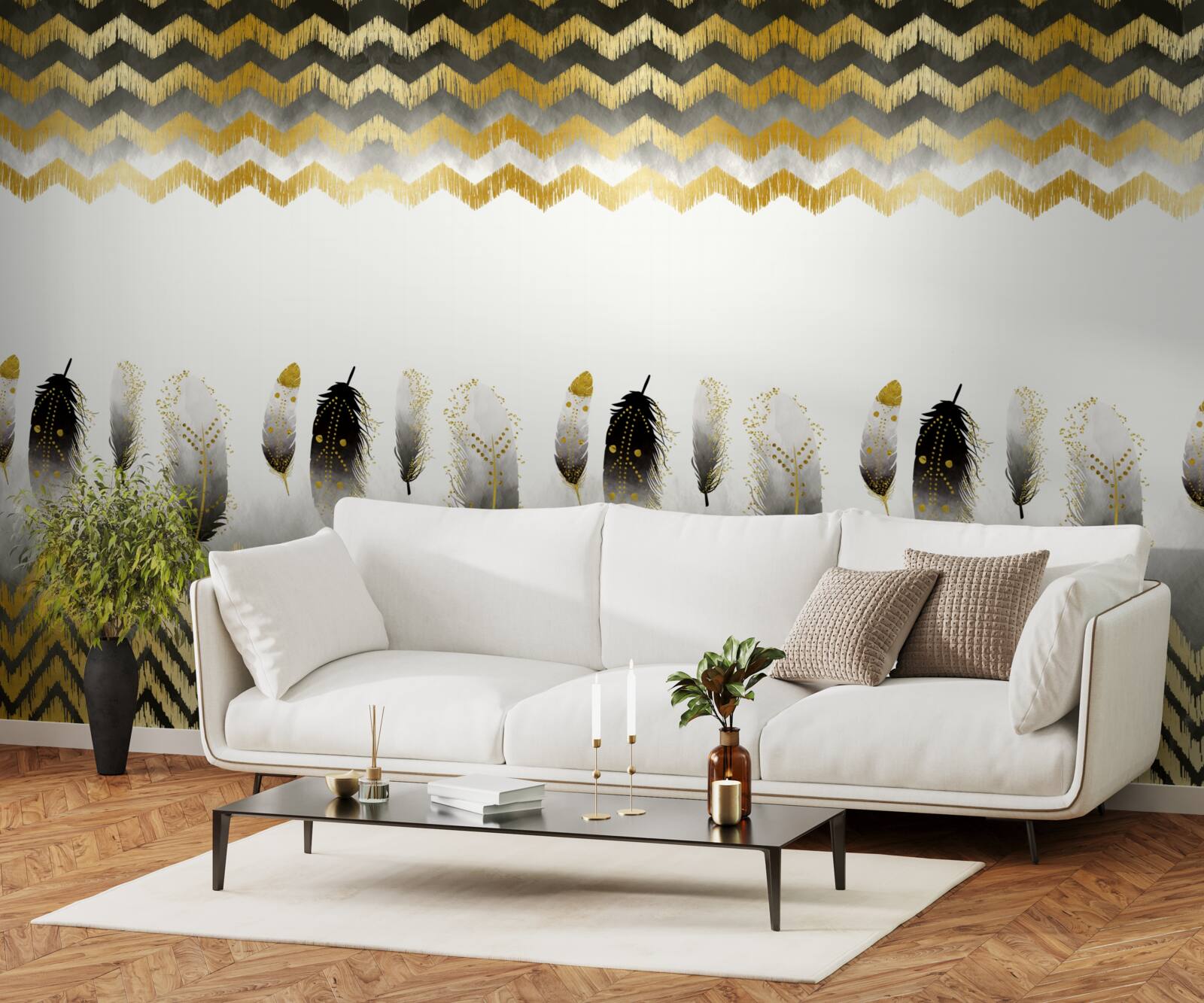 Фотошпалери пір'я в чорно-білих тонах і вигнуті лінії в золотих тонах