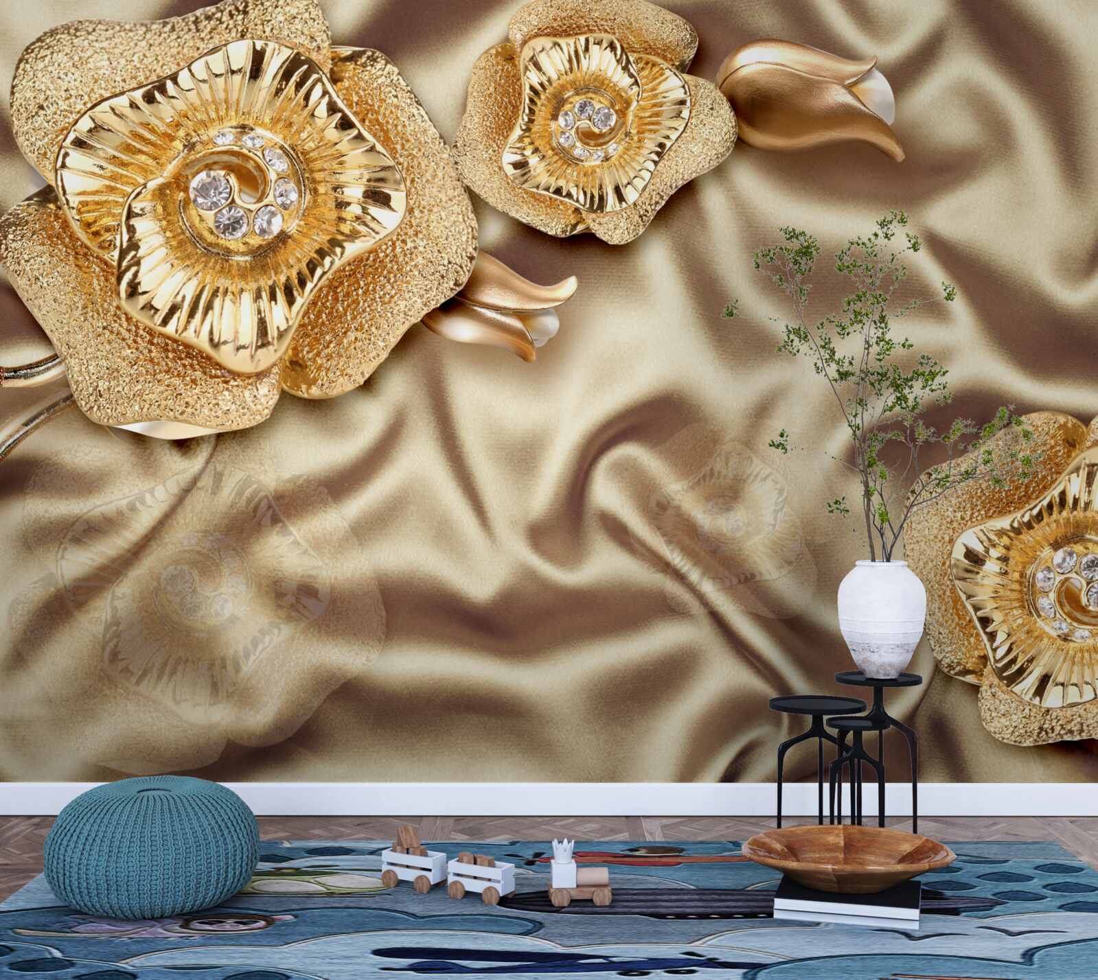 Фотошпалери золоті деталі на шовку, прикрашені бронзовими квітами