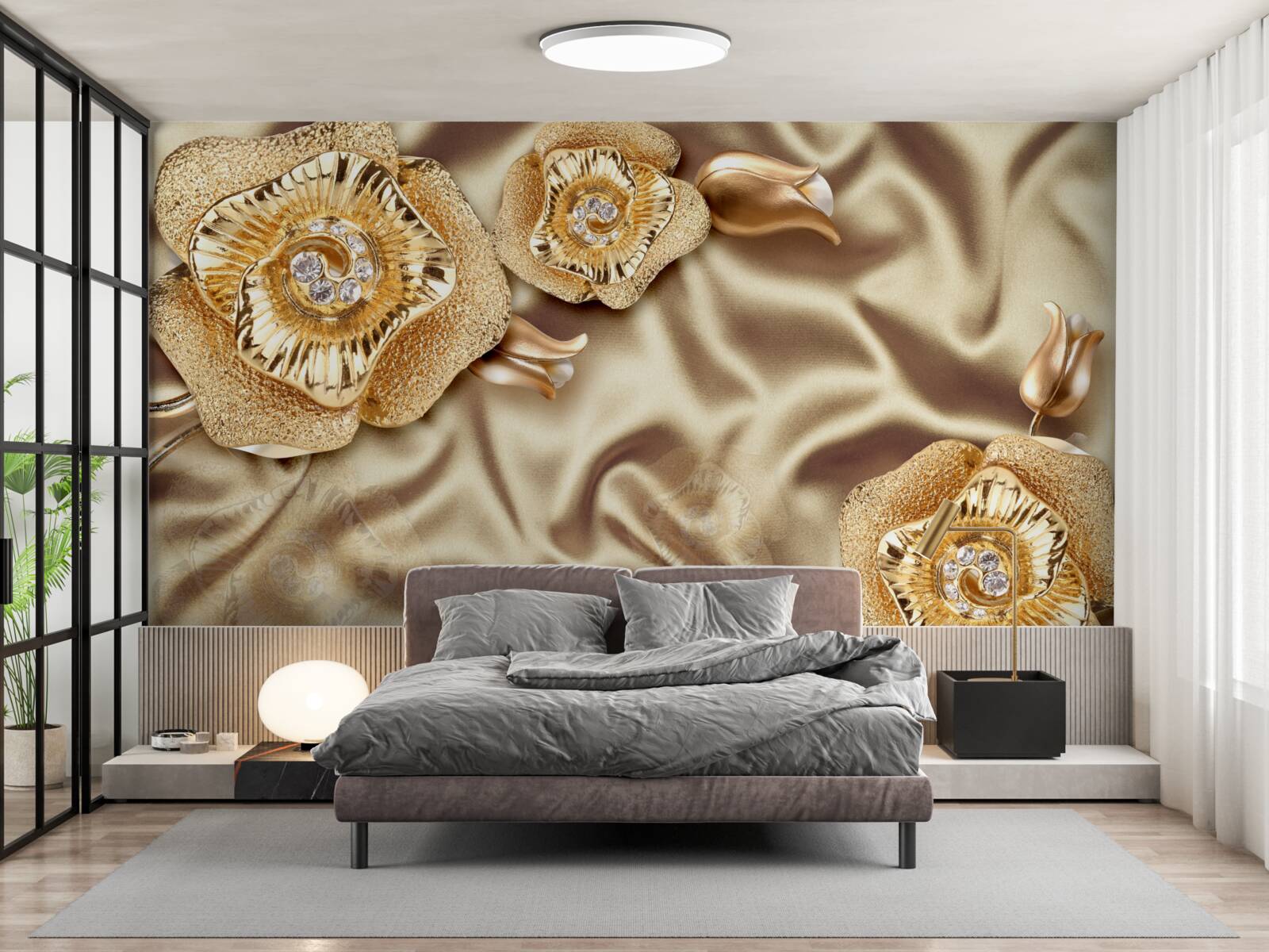 Фотошпалери золоті деталі на шовку, прикрашені бронзовими квітами