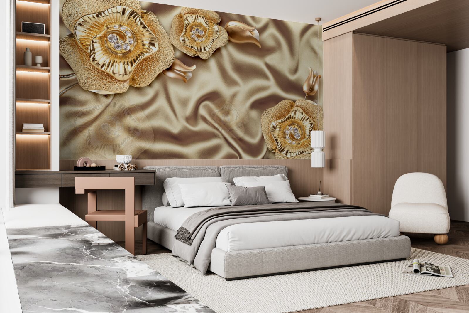 Фотошпалери золоті деталі на шовку, прикрашені бронзовими квітами