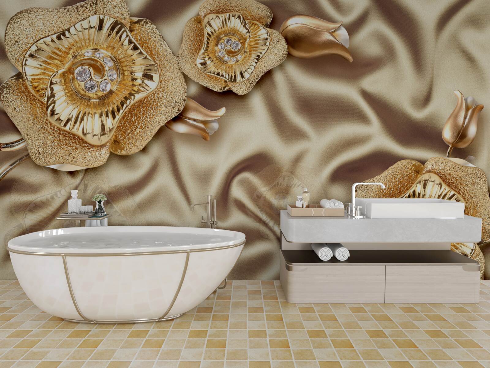 Фотошпалери золоті деталі на шовку, прикрашені бронзовими квітами