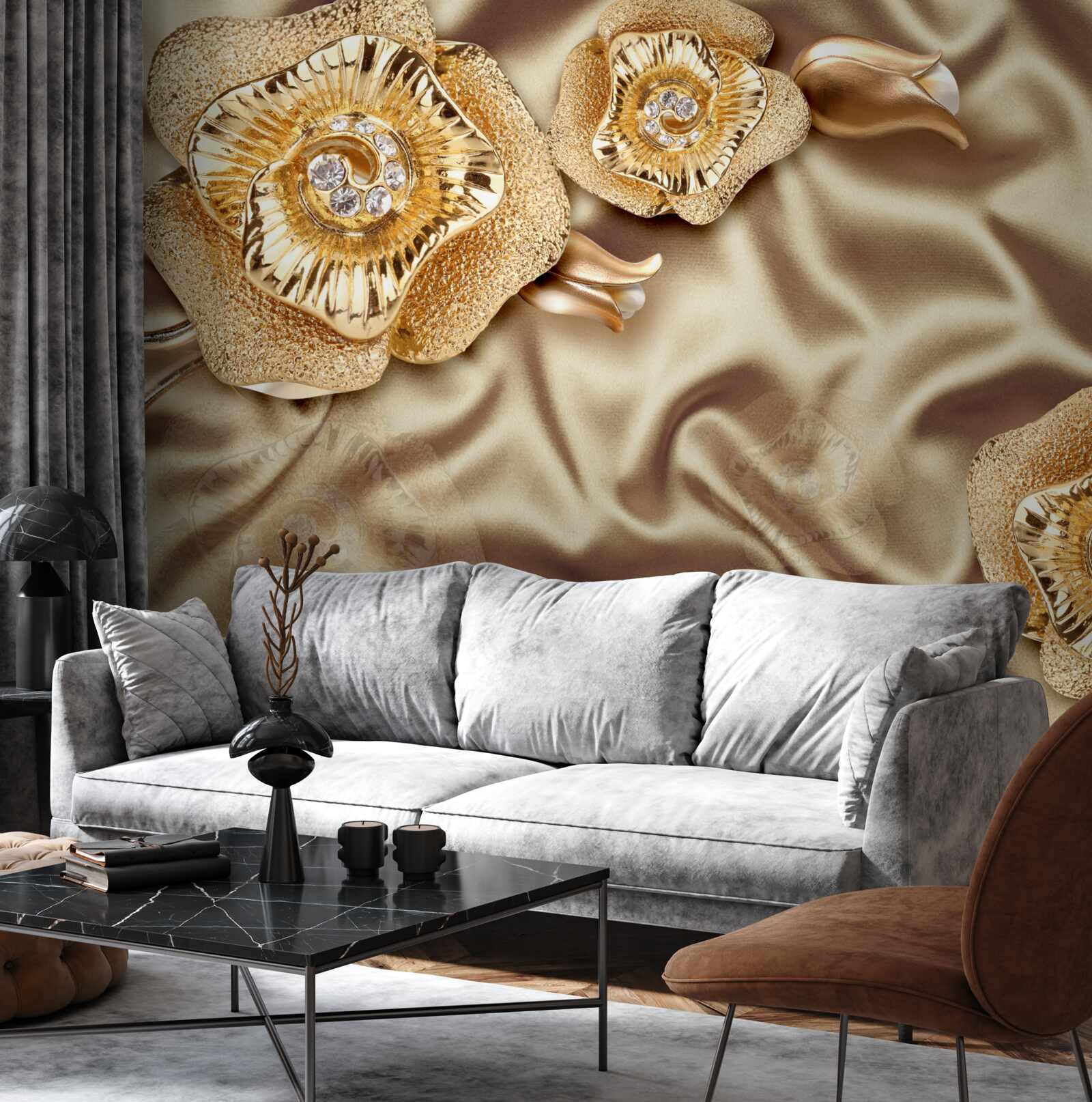 Фотошпалери золоті деталі на шовку, прикрашені бронзовими квітами