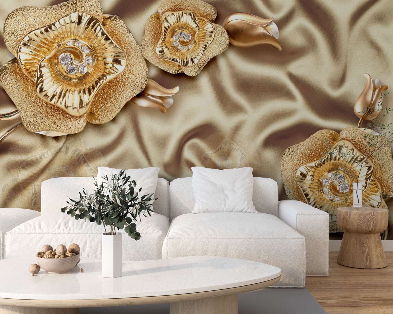 Фотошпалери золоті деталі на шовку, прикрашені бронзовими квітами