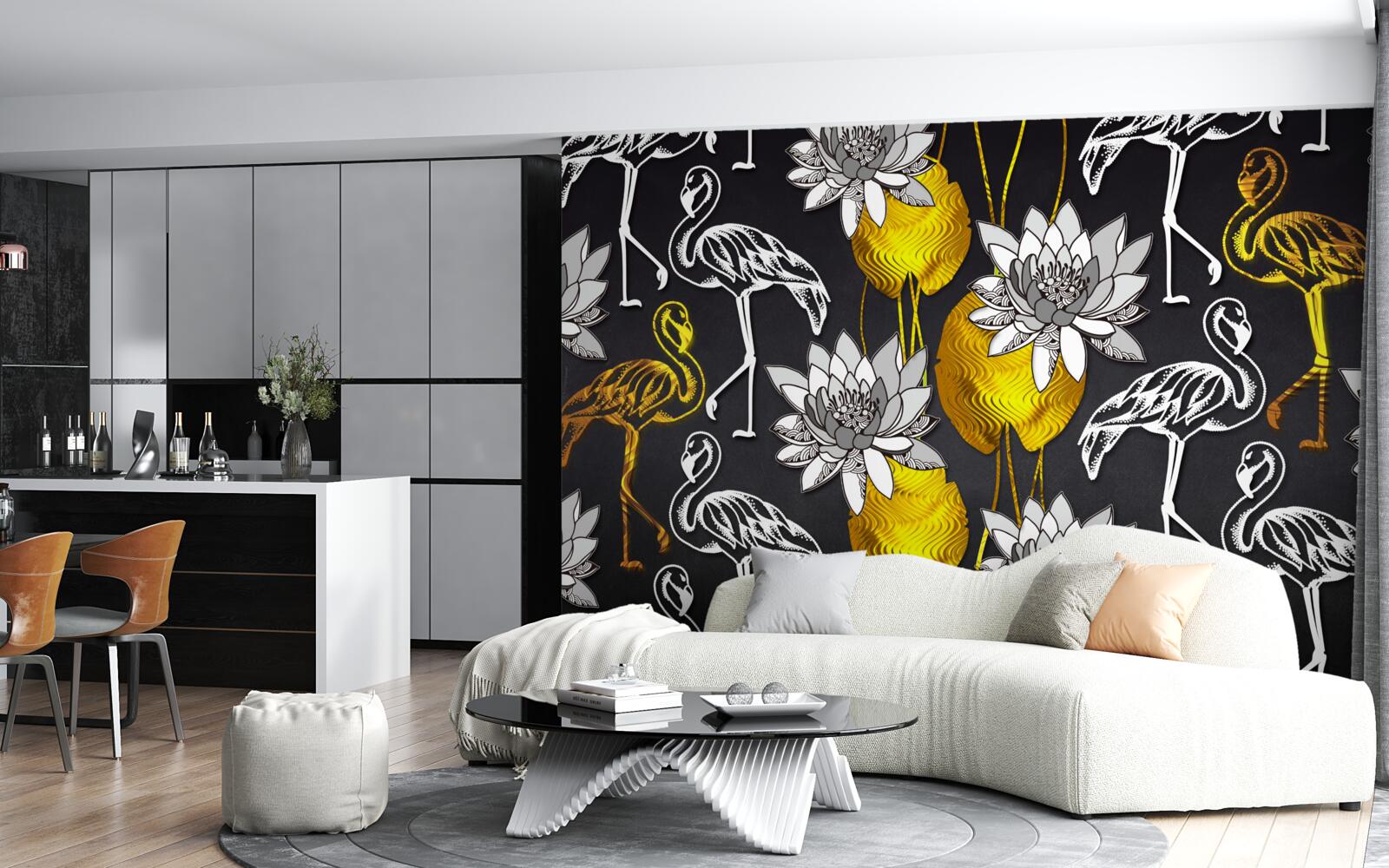 Фотошпалери золоті рослини та білі фламінго