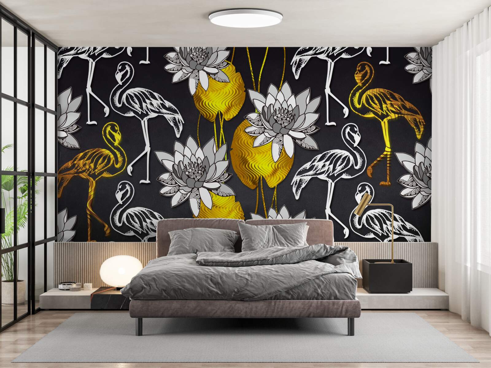 Фотошпалери золоті рослини та білі фламінго