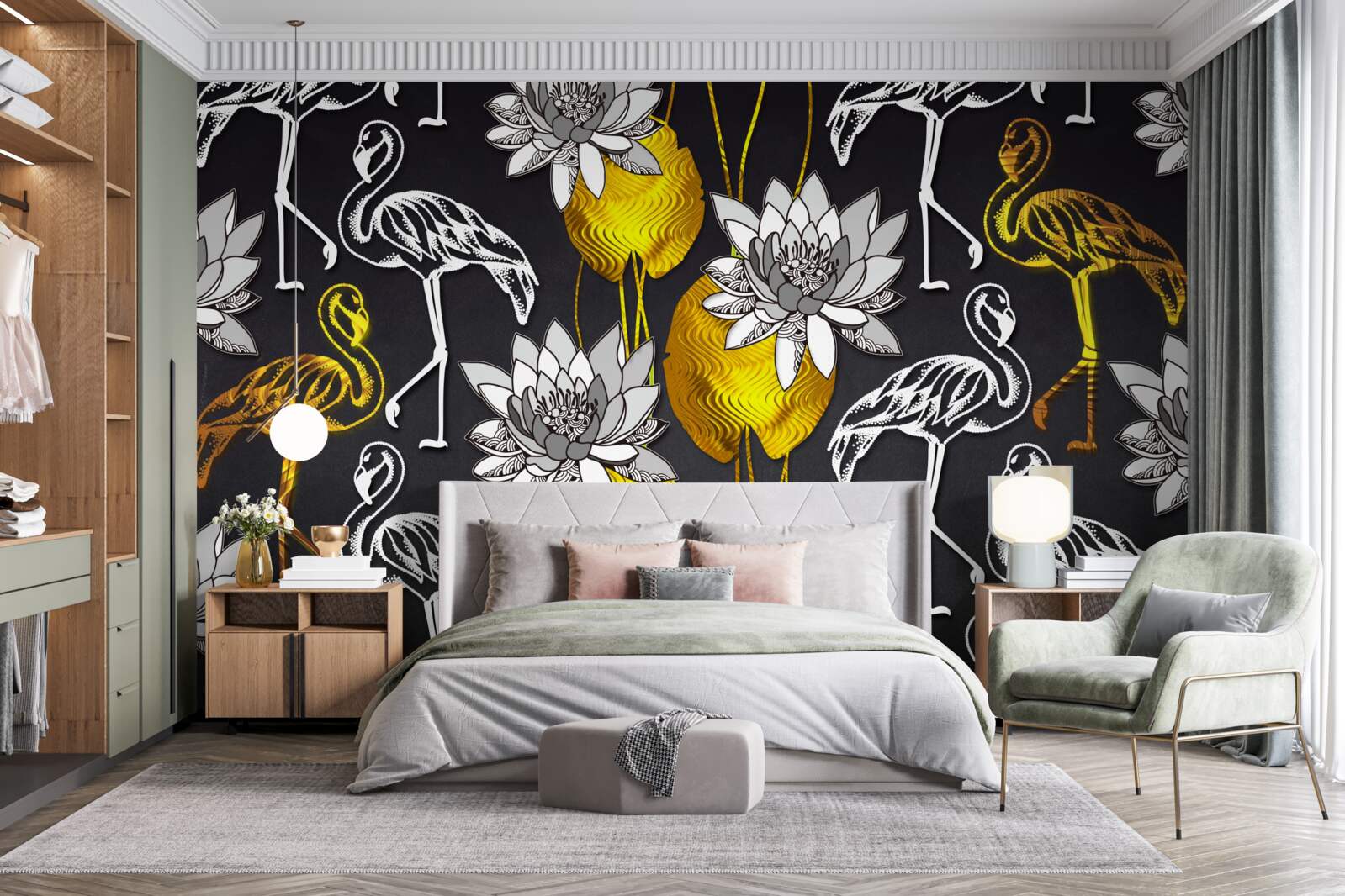 Фотошпалери золоті рослини та білі фламінго