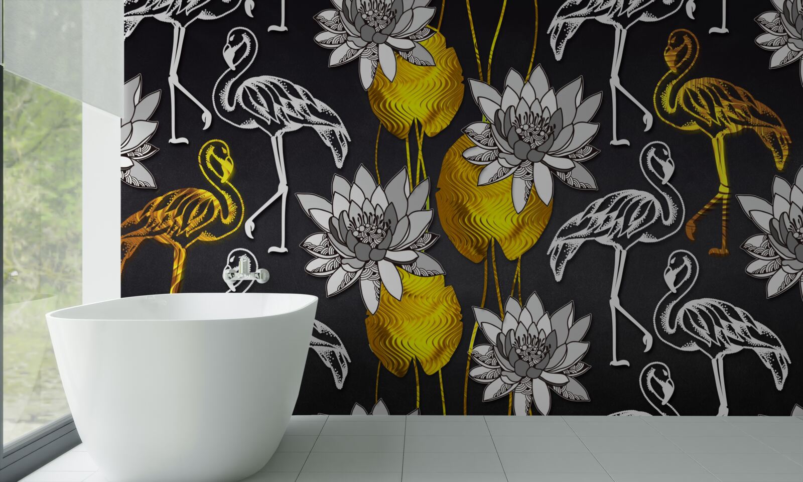 Фотошпалери золоті рослини та білі фламінго