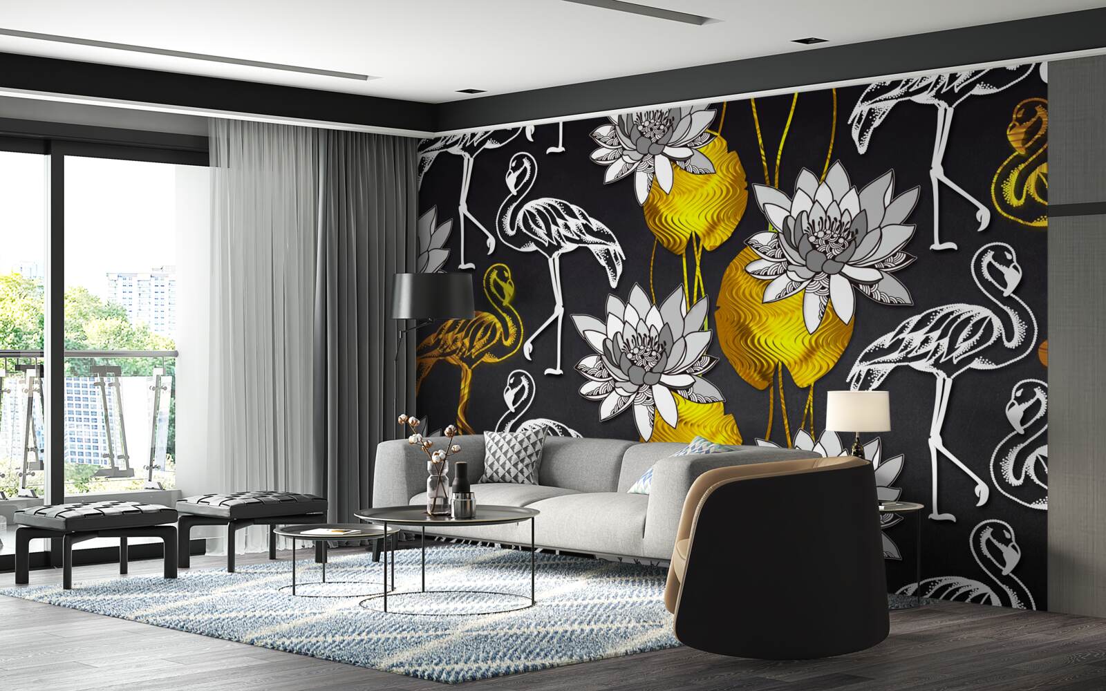 Фотошпалери золоті рослини та білі фламінго