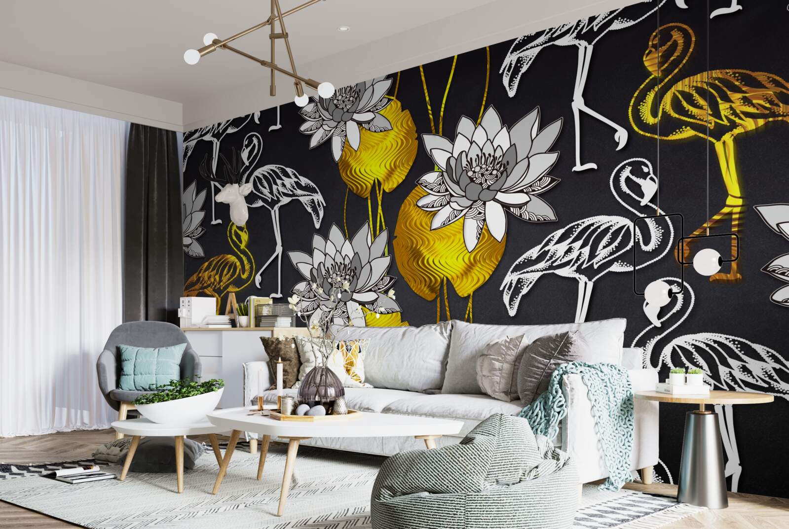 Фотошпалери золоті рослини та білі фламінго