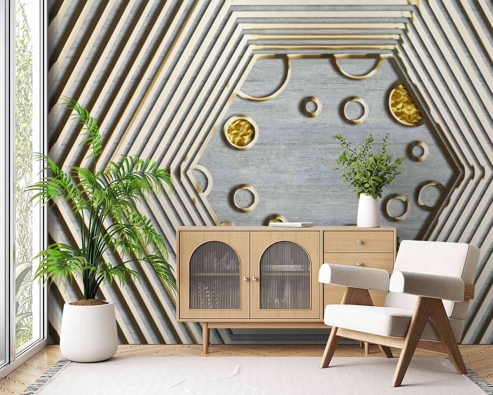 Фотошпалери сріблястий шестикутник із золотистим відтінком