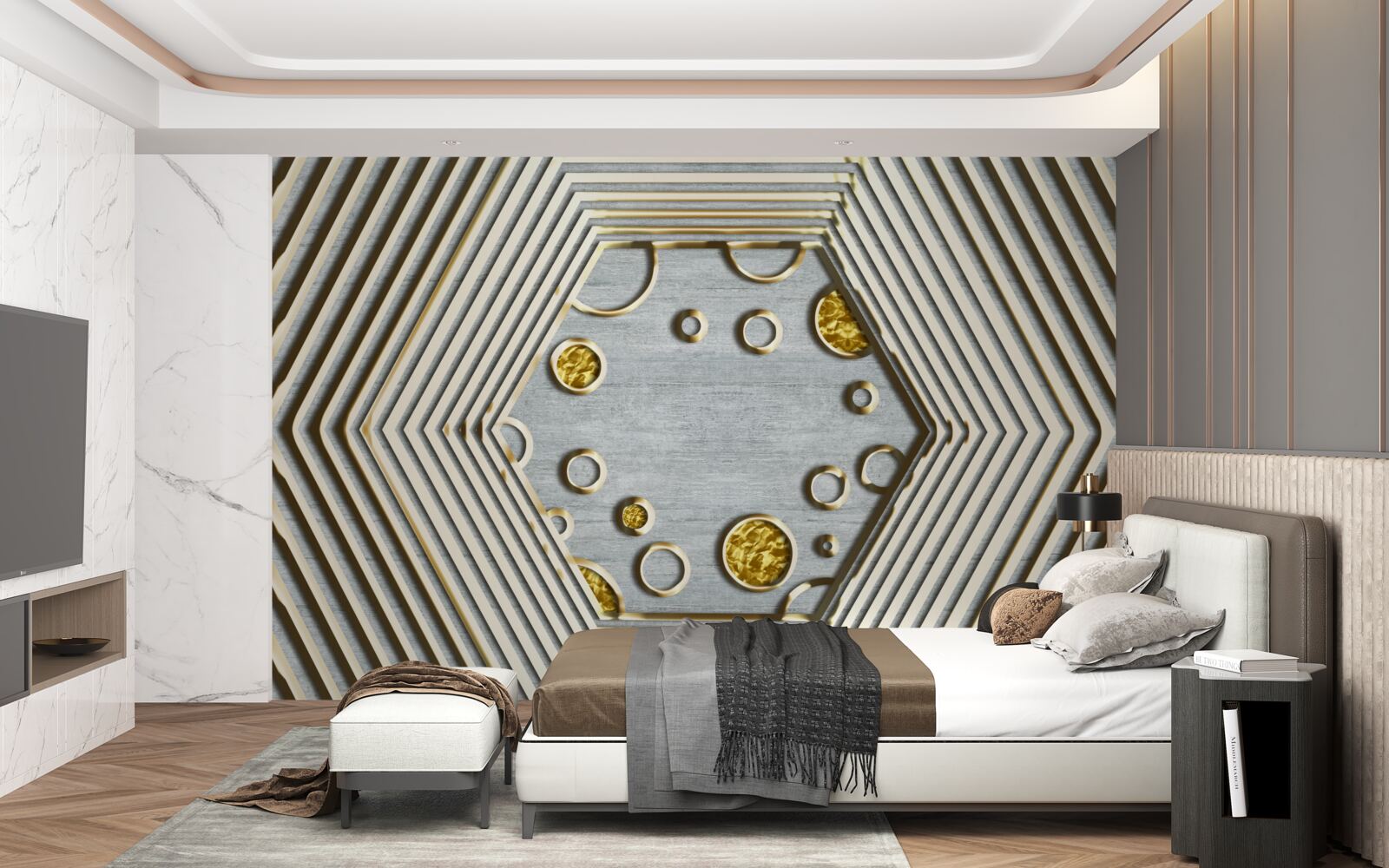 Фотошпалери сріблястий шестикутник із золотистим відтінком