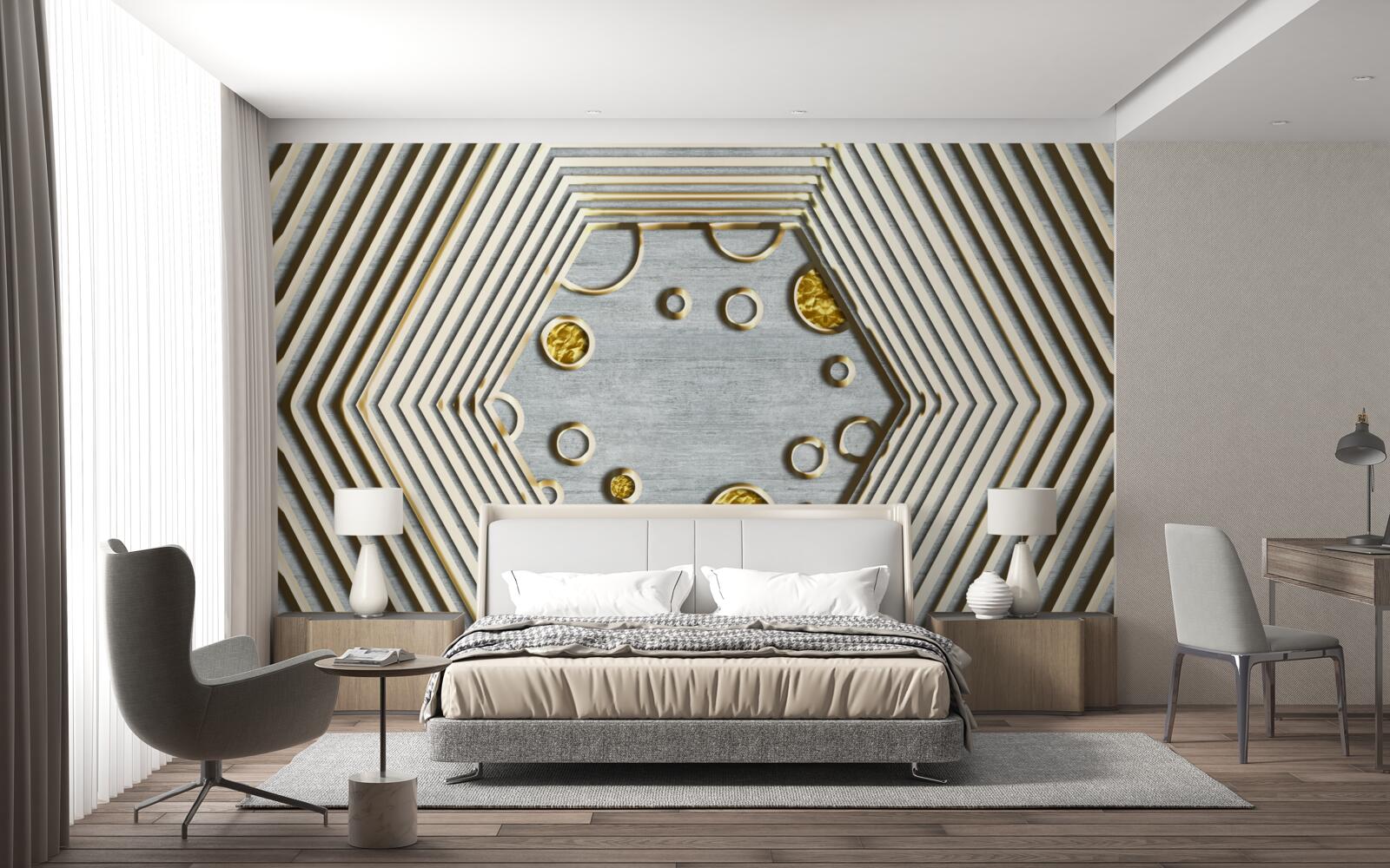 Фотошпалери сріблястий шестикутник із золотистим відтінком