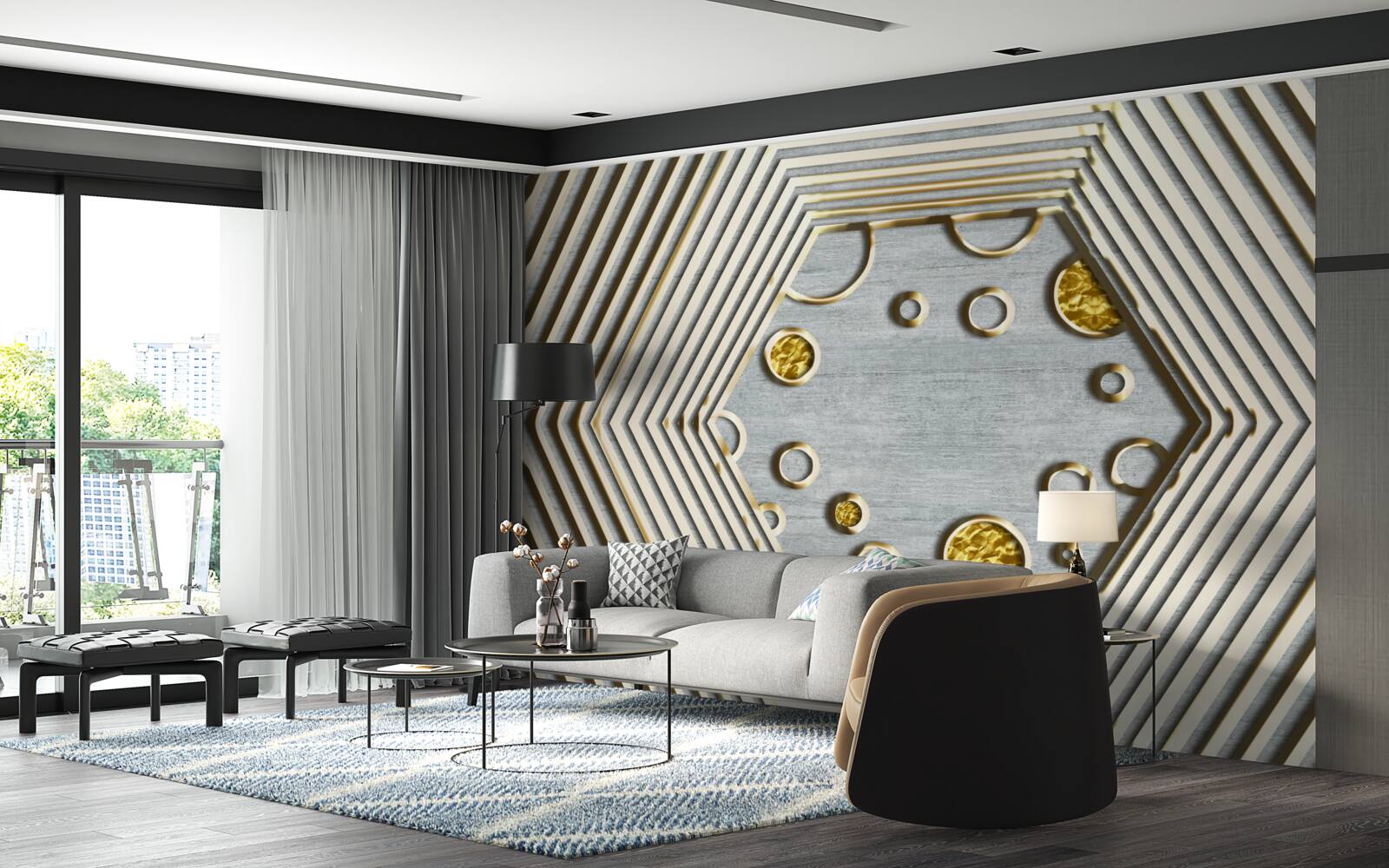 Фотошпалери сріблястий шестикутник із золотистим відтінком