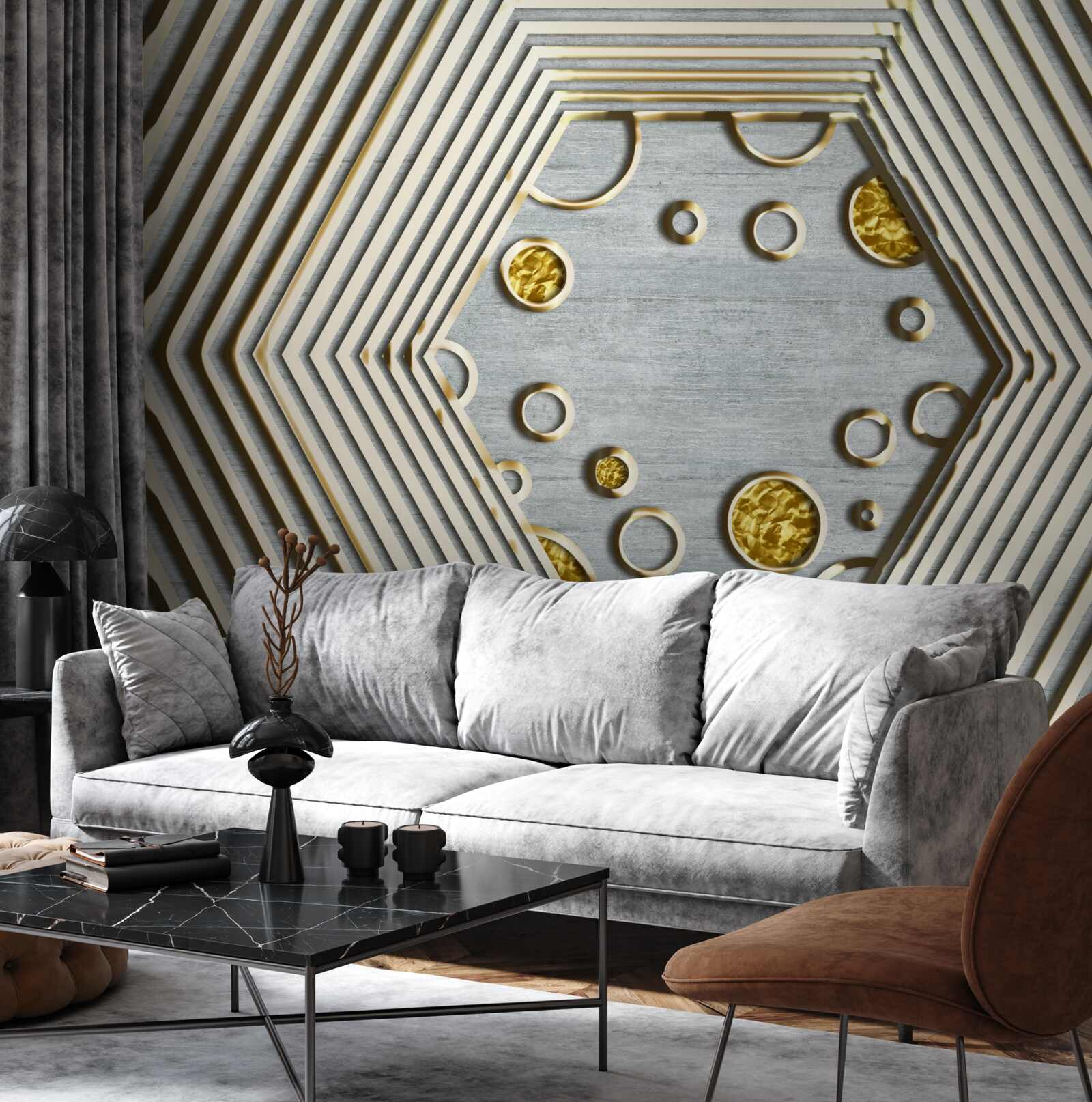 Фотошпалери сріблястий шестикутник із золотистим відтінком