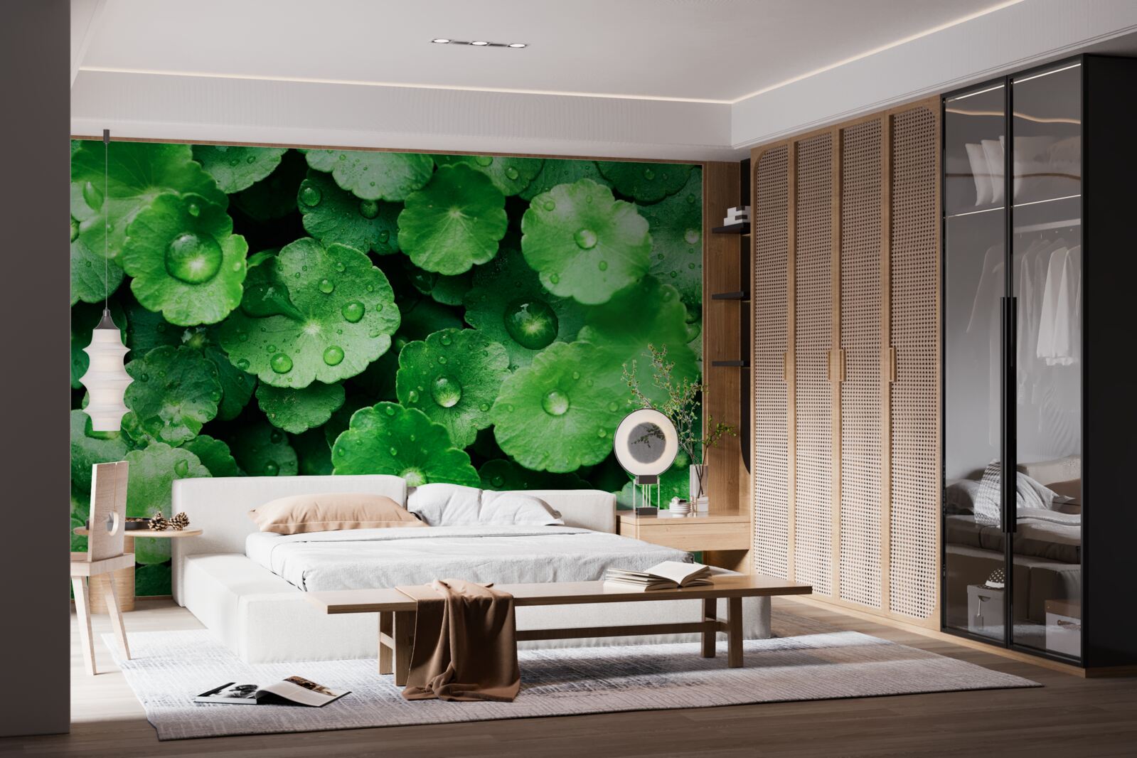 Фотошпалери зелене листя, вкрите свіжими краплями води