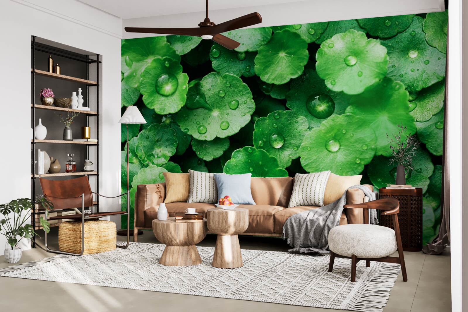 Фотошпалери зелене листя, вкрите свіжими краплями води