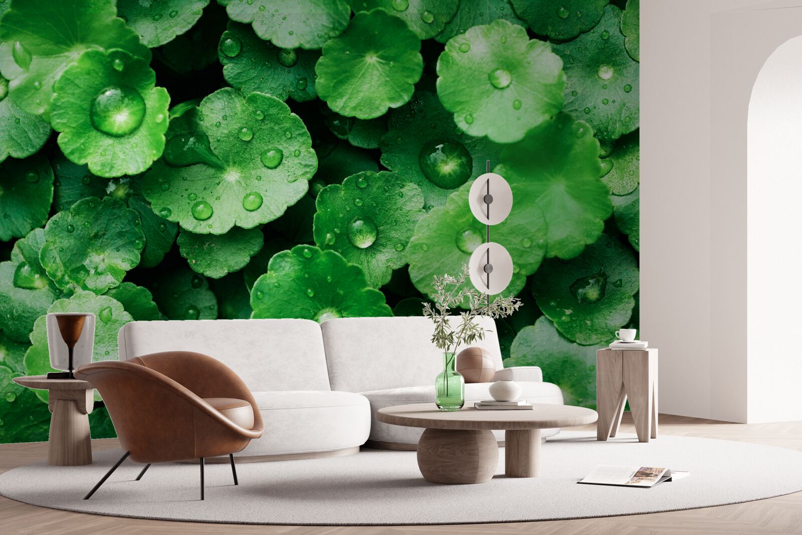 Фотошпалери зелене листя, вкрите свіжими краплями води