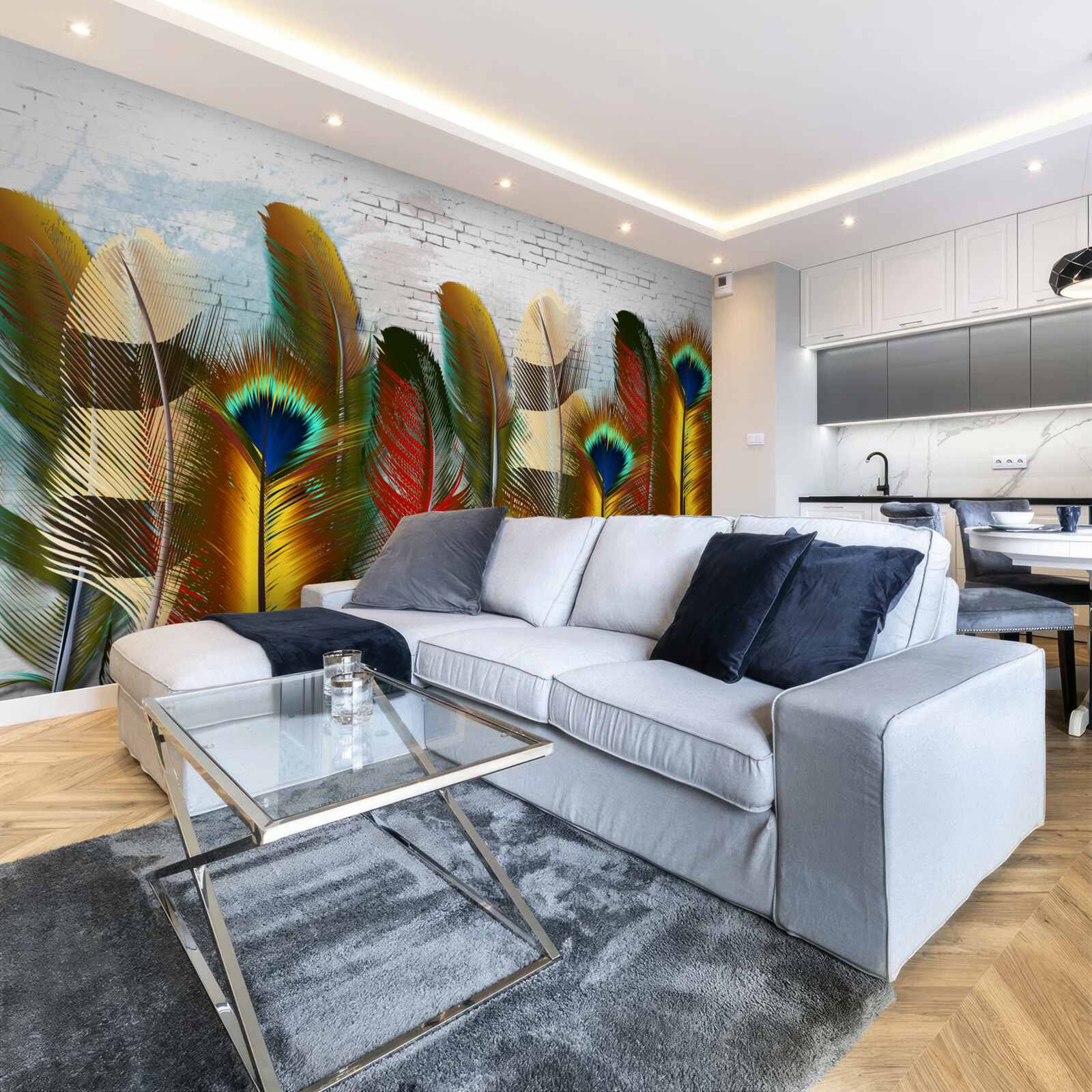 Фотошпалери розкішне пір'я контрастує з білою цегляною стіною