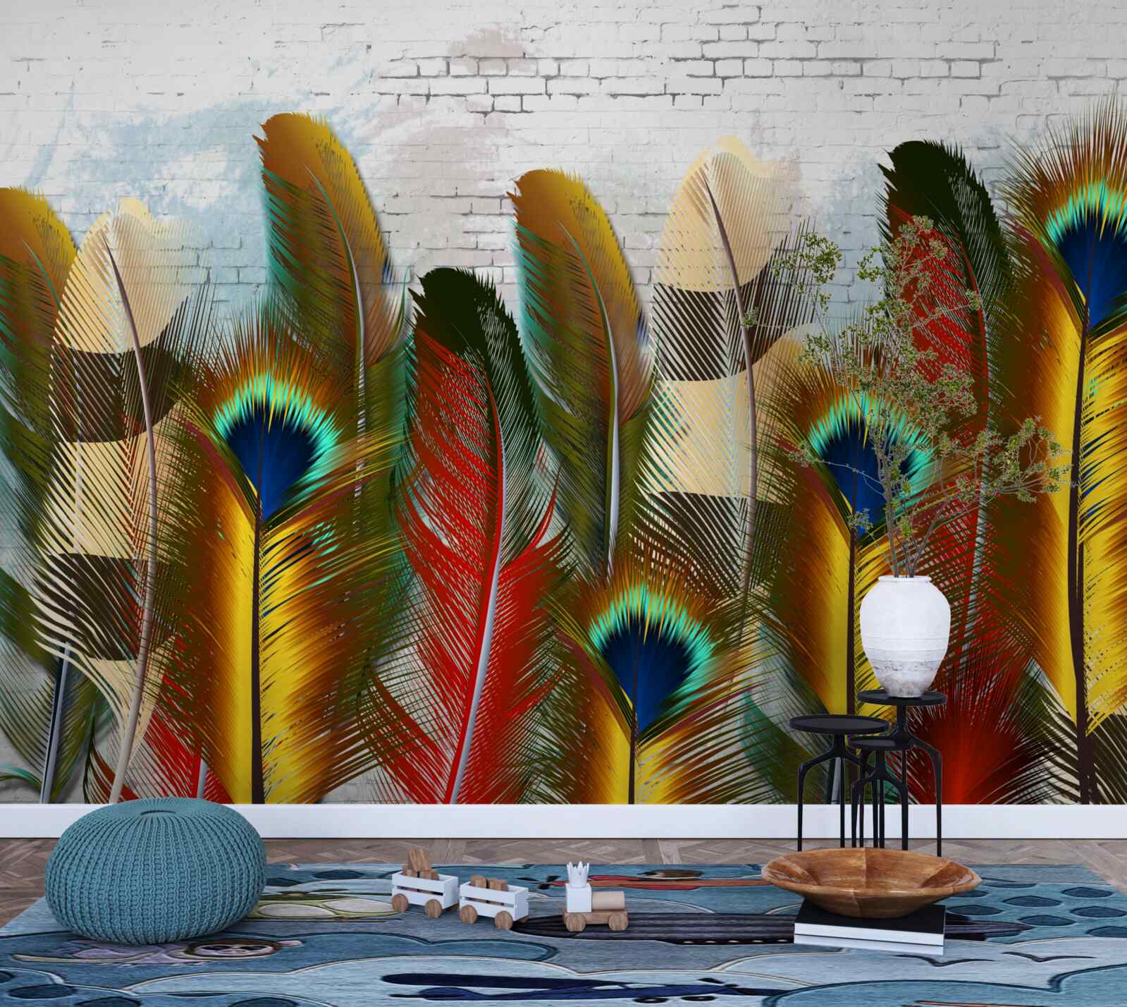 Фотошпалери розкішне пір'я контрастує з білою цегляною стіною