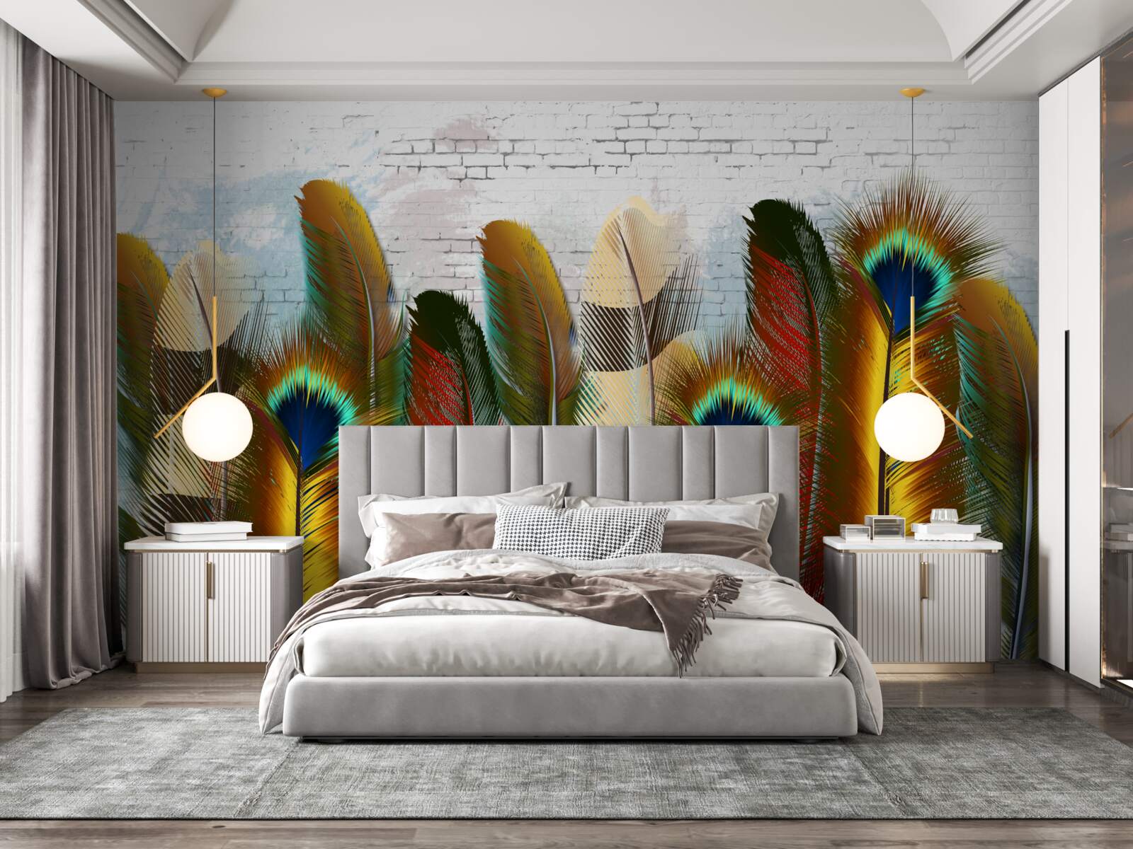 Фотошпалери розкішне пір'я контрастує з білою цегляною стіною