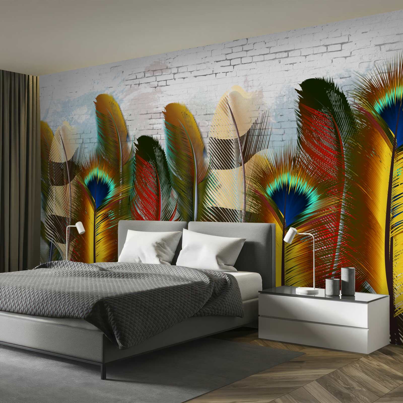 Фотошпалери розкішне пір'я контрастує з білою цегляною стіною