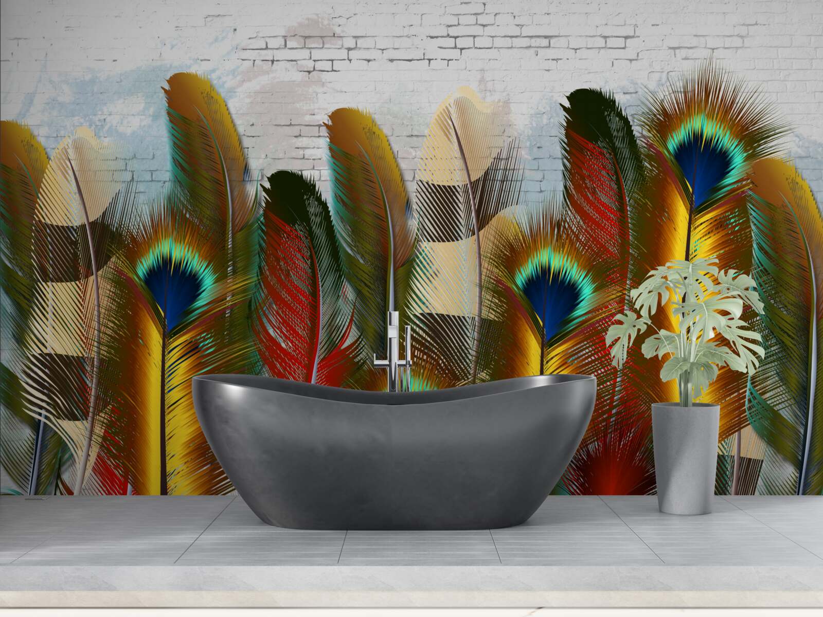 Фотошпалери розкішне пір'я контрастує з білою цегляною стіною