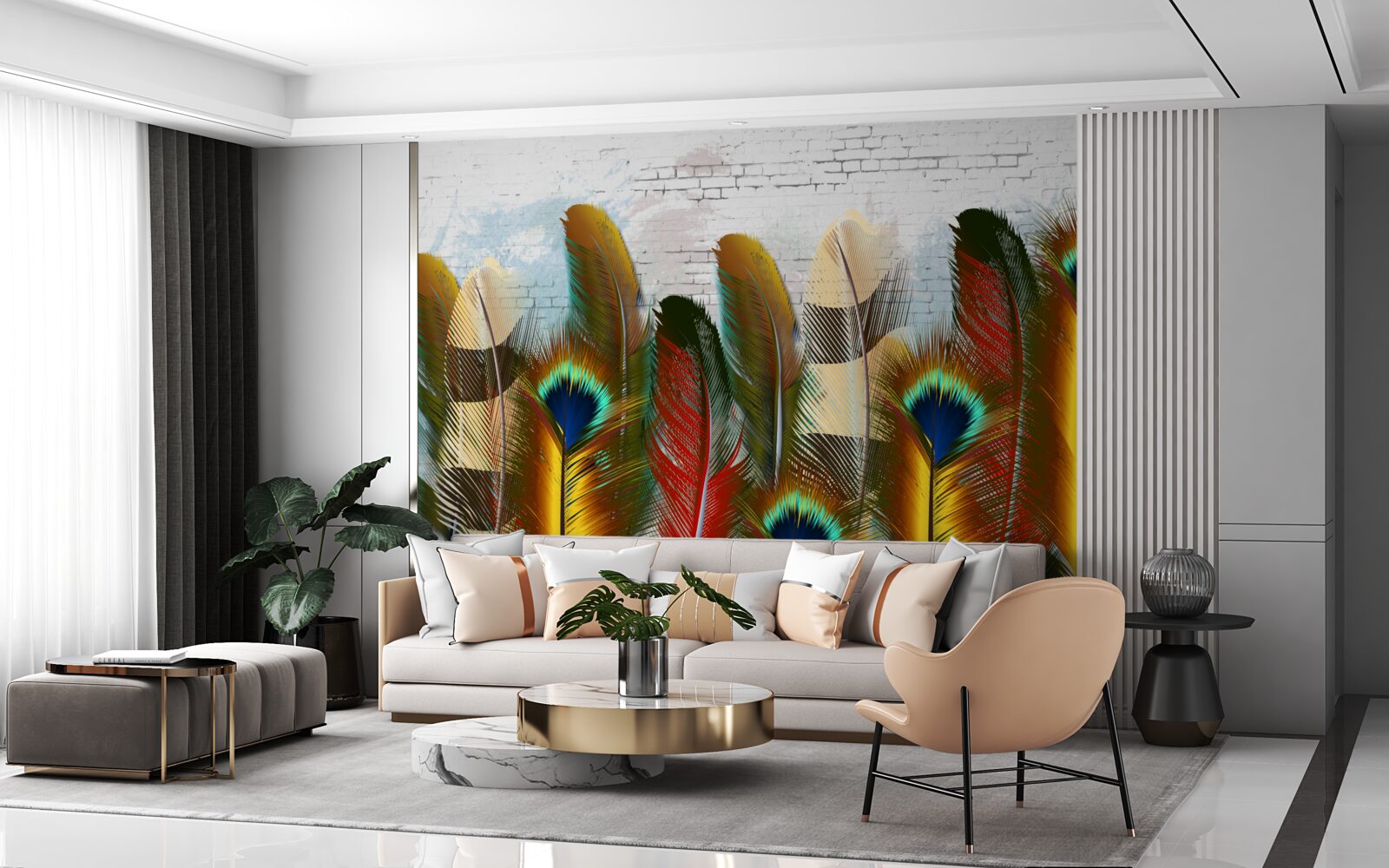 Фотошпалери розкішне пір'я контрастує з білою цегляною стіною