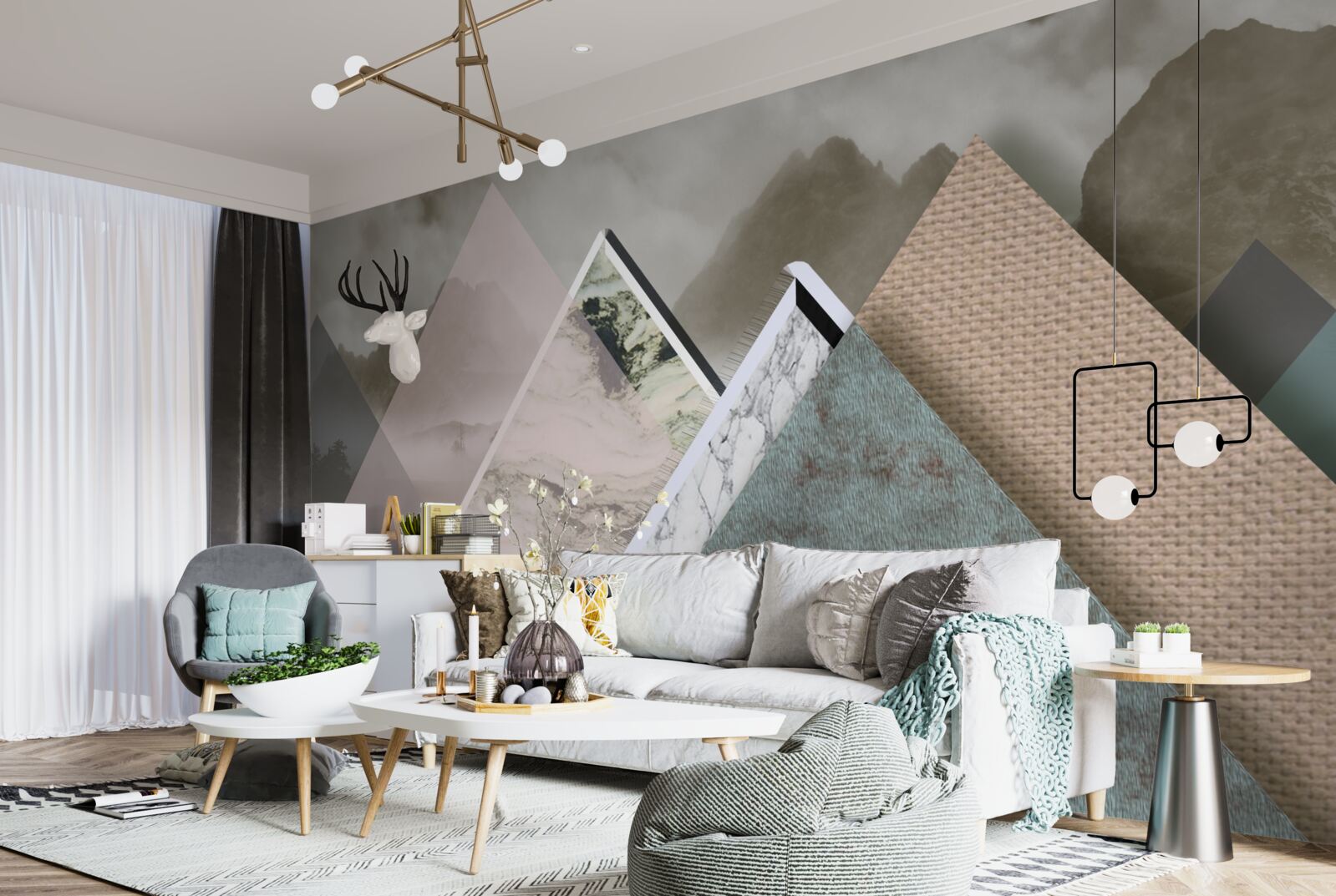 Фотошпалери трикутники різного розміру із зображенням кольорових гір