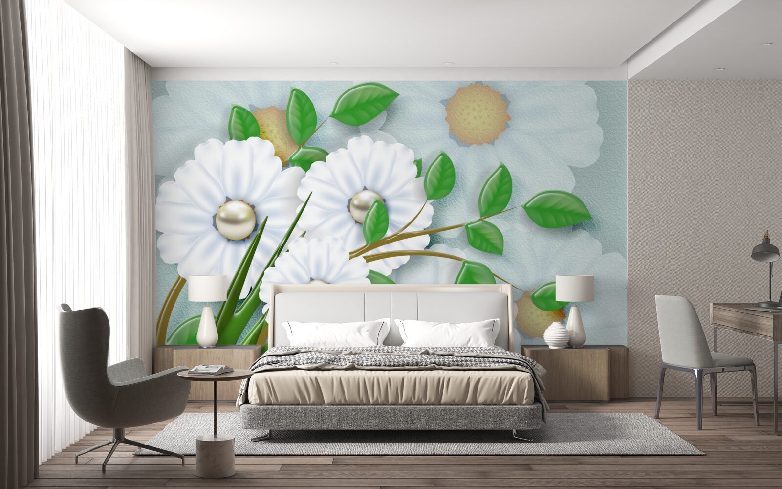 Фотошпалери Білосніжні ромашки з перловими серцями