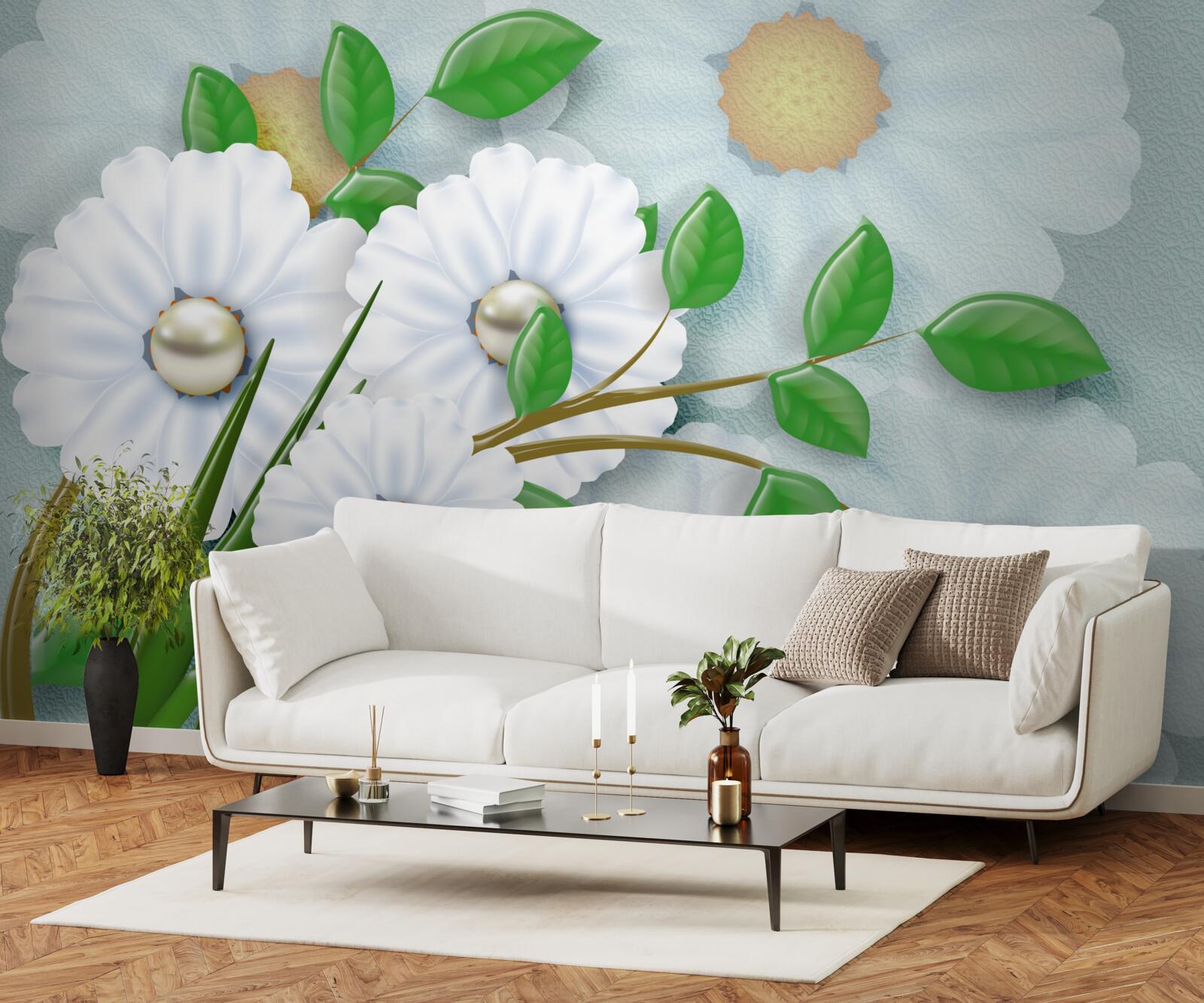 Фотошпалери Білосніжні ромашки з перловими серцями