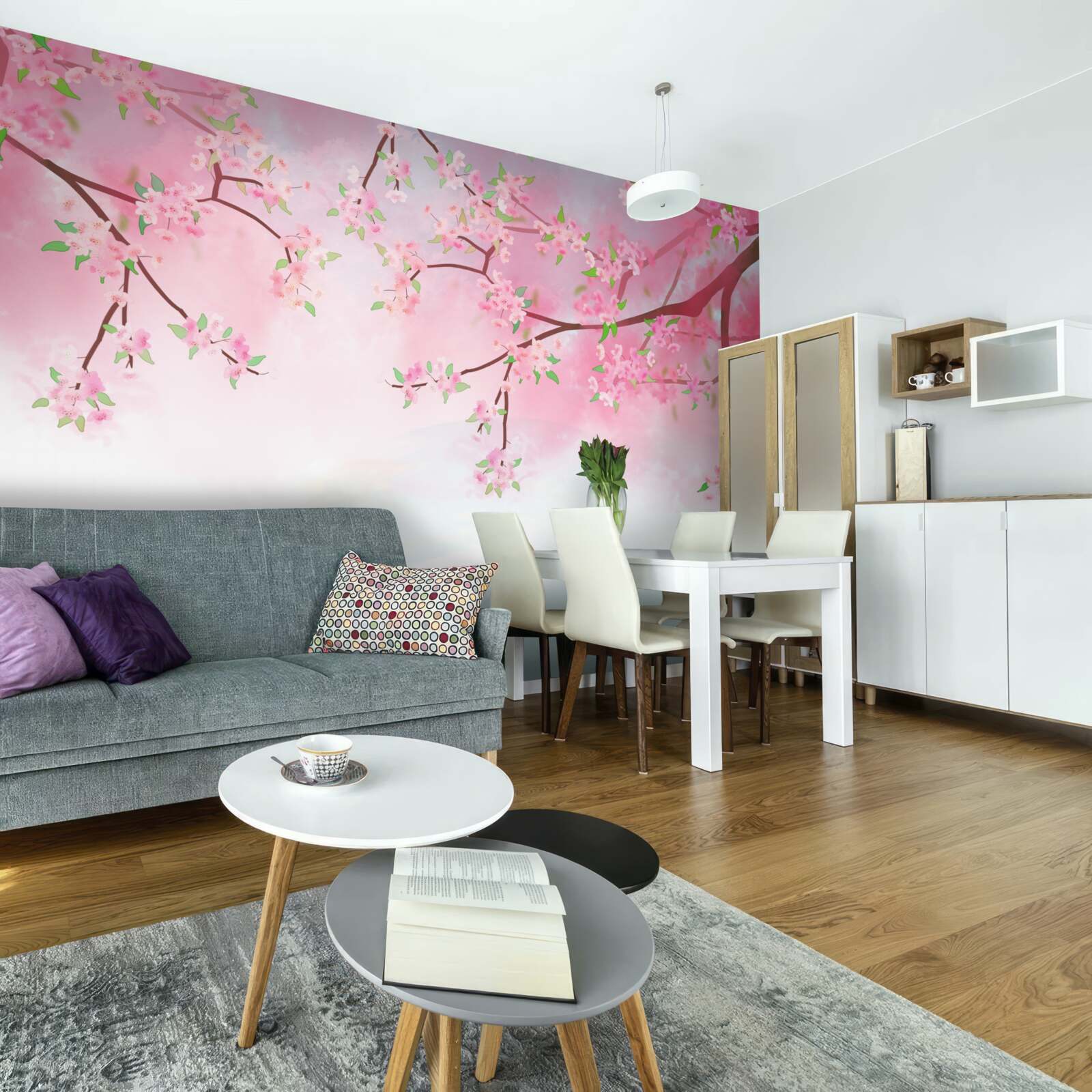 Фотошпалери на гілках дерев розпускаються квіти троянд