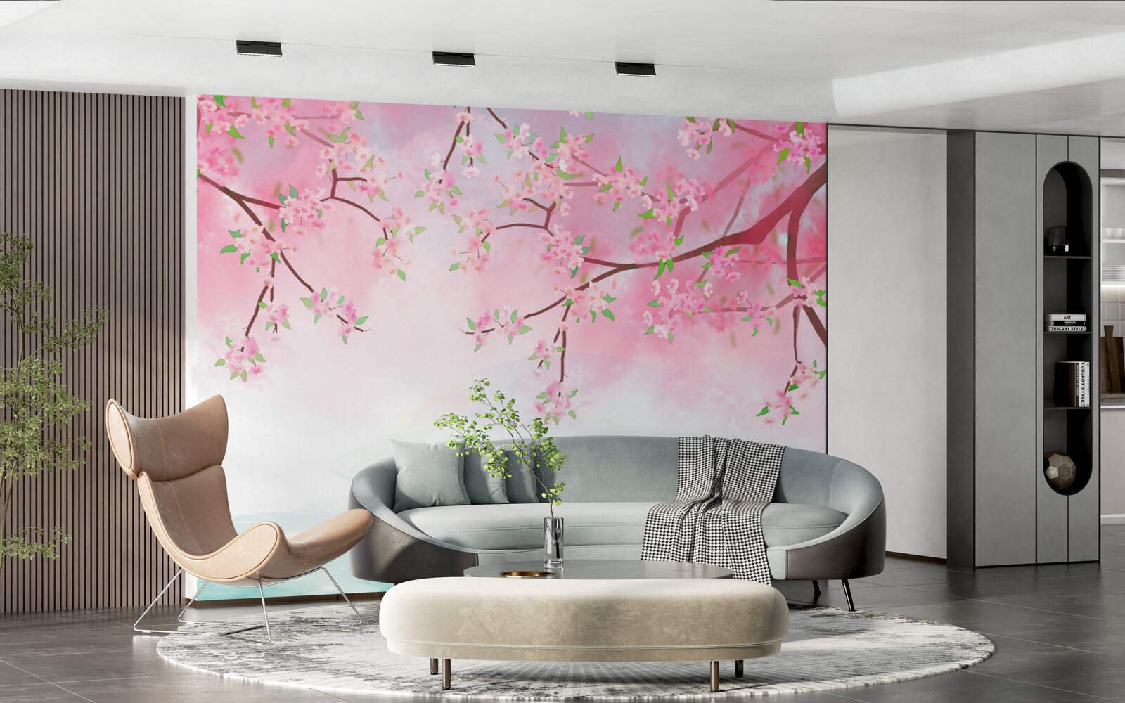 Фотошпалери на гілках дерев розпускаються квіти троянд